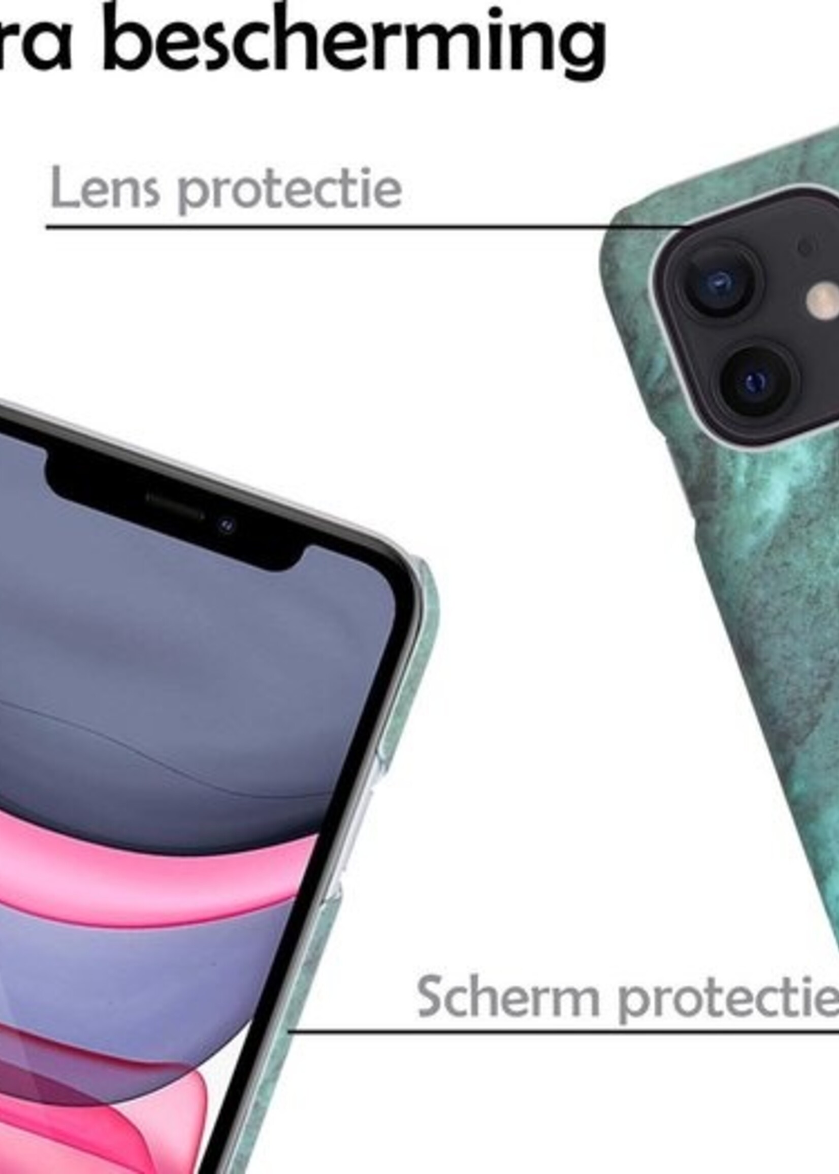 LUQ Hoesje Geschikt voor iPhone 11 Hoesje Marmer Case Hard Cover Met Screenprotector - Hoes Geschikt voor iPhone 11 Case Marmer Hoesje Backcover - Groen