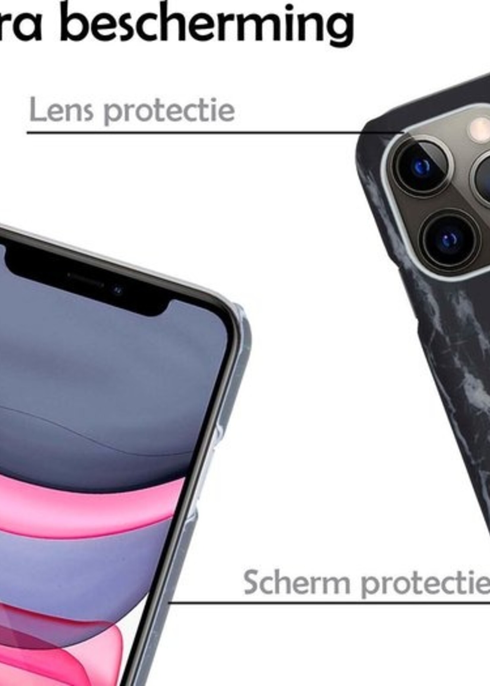 LUQ Hoesje Geschikt voor iPhone 11 Pro Hoesje Marmer Case Hard Cover Met Screenprotector - Hoes Geschikt voor iPhone 11 Pro Case Marmer Hoesje Backcover - Zwart
