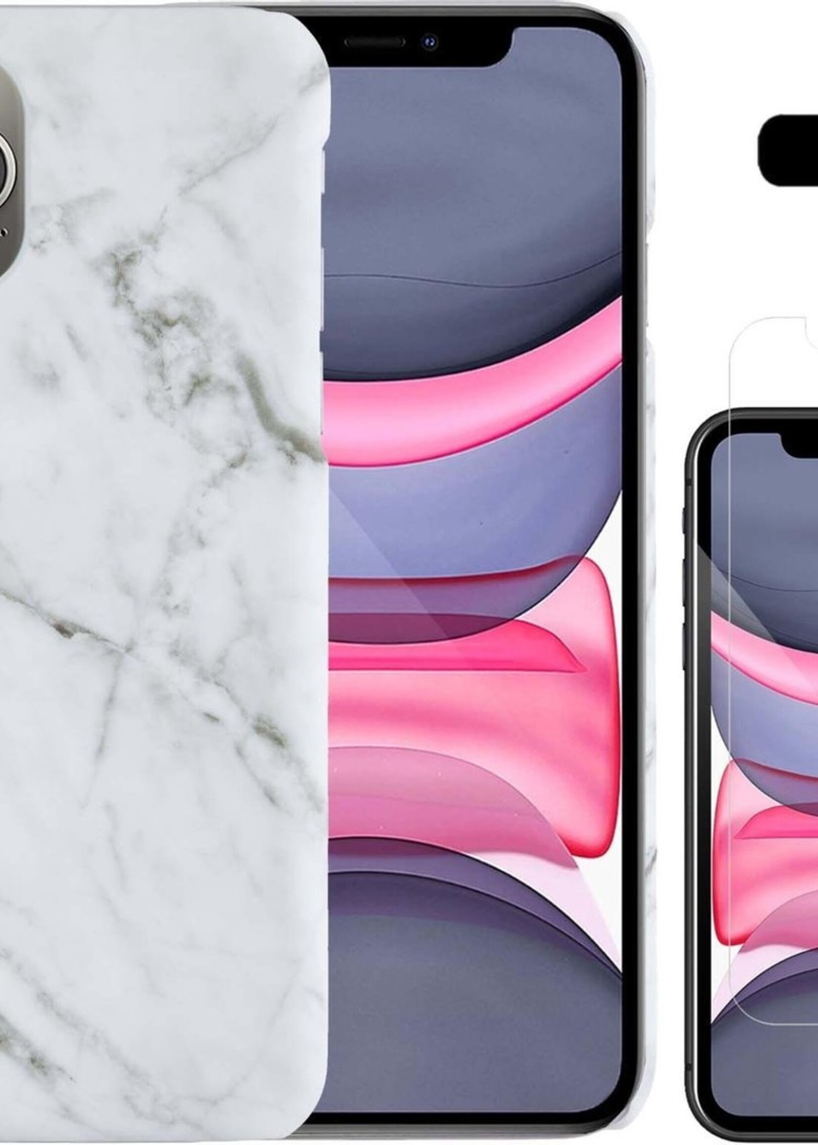 LUQ Hoesje Geschikt voor iPhone 11 Pro Max Hoesje Marmer Case Hard Cover Met Screenprotector - Hoes Geschikt voor iPhone 11 Pro Max Case Marmer Hoesje Backcover - Wit