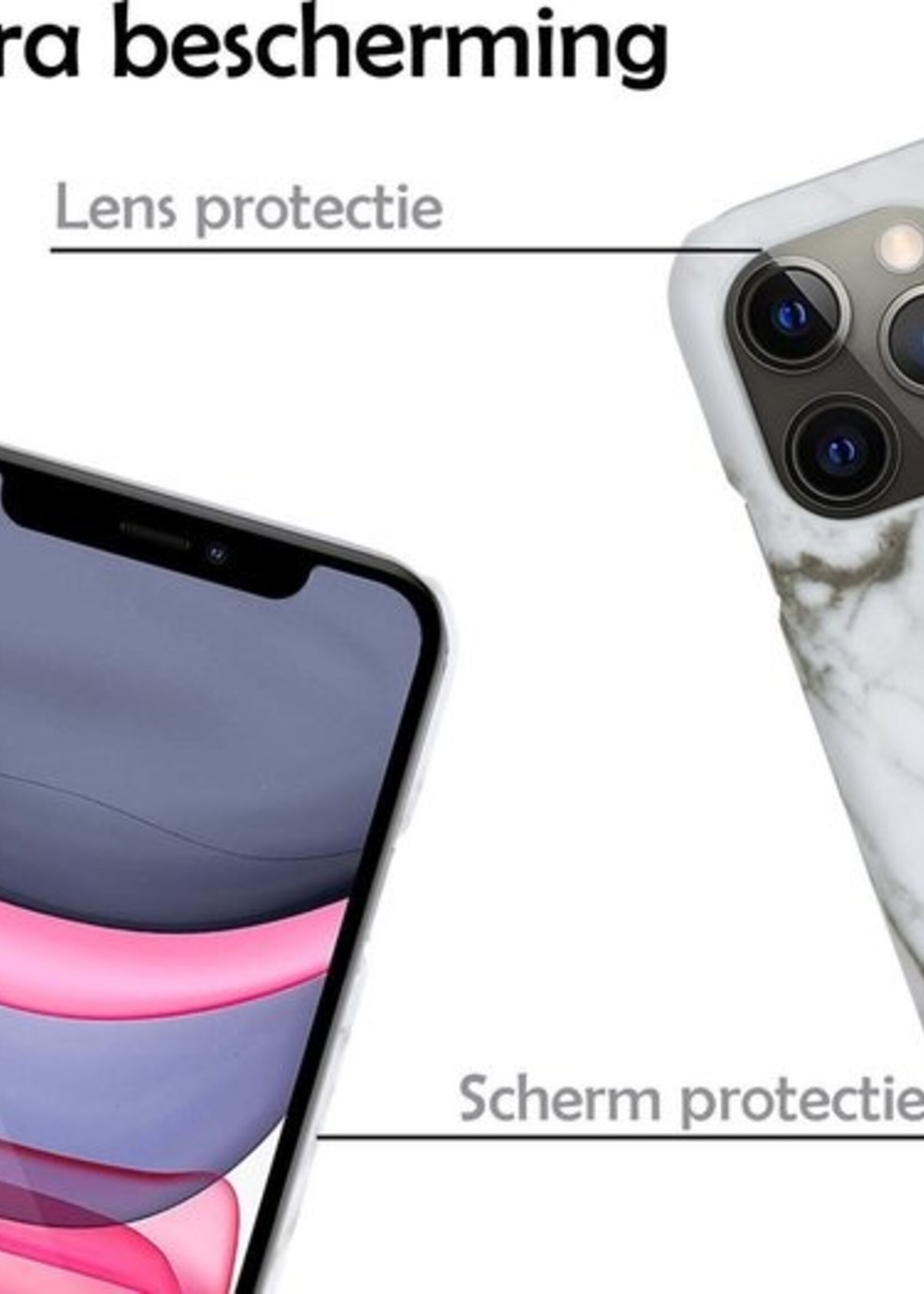 LUQ Hoesje Geschikt voor iPhone 11 Pro Max Hoesje Marmer Case Hard Cover Met Screenprotector - Hoes Geschikt voor iPhone 11 Pro Max Case Marmer Hoesje Backcover - Wit