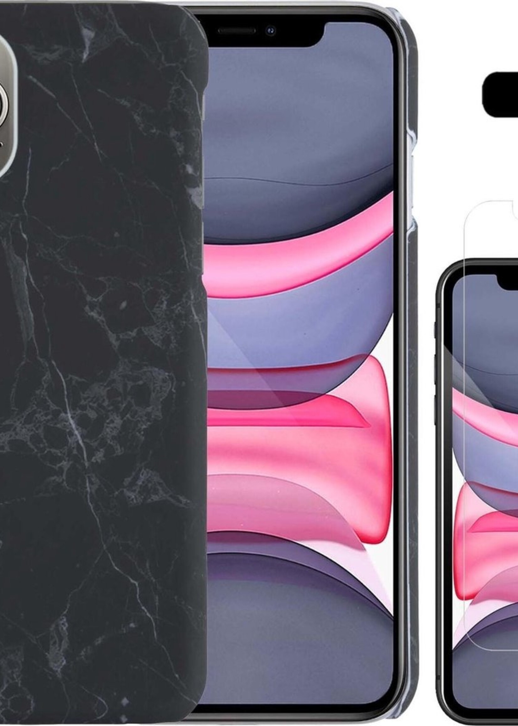 LUQ Hoesje Geschikt voor iPhone 11 Pro Max Hoesje Marmer Case Hard Cover Met Screenprotector - Hoes Geschikt voor iPhone 11 Pro Max Case Marmer Hoesje Backcover - Zwart