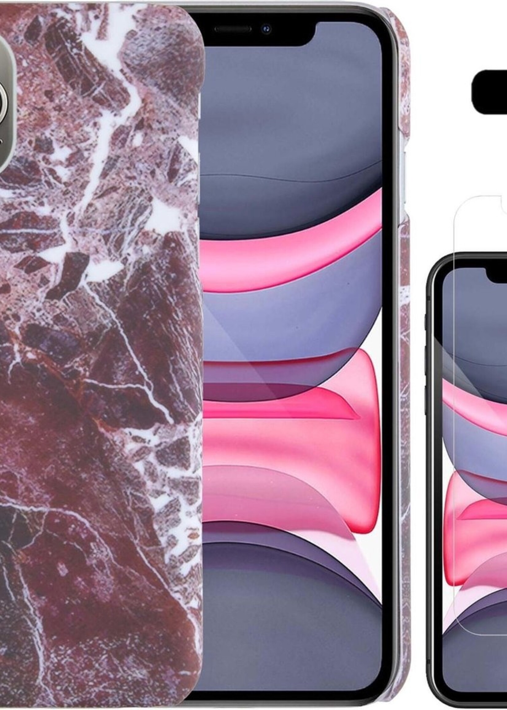 LUQ Hoesje Geschikt voor iPhone 11 Pro Max Hoesje Marmer Case Hard Cover Met Screenprotector - Hoes Geschikt voor iPhone 11 Pro Max Case Marmer Hoesje Backcover - Rood