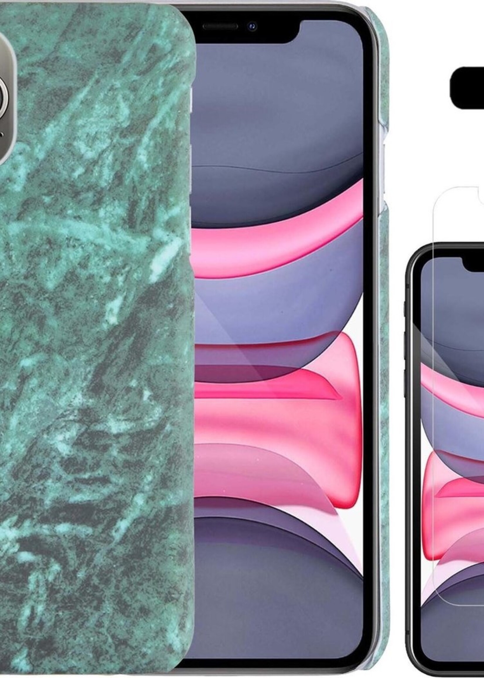 LUQ Hoesje Geschikt voor iPhone 11 Pro Max Hoesje Marmer Case Hard Cover Met Screenprotector - Hoes Geschikt voor iPhone 11 Pro Max Case Marmer Hoesje Backcover - Groen