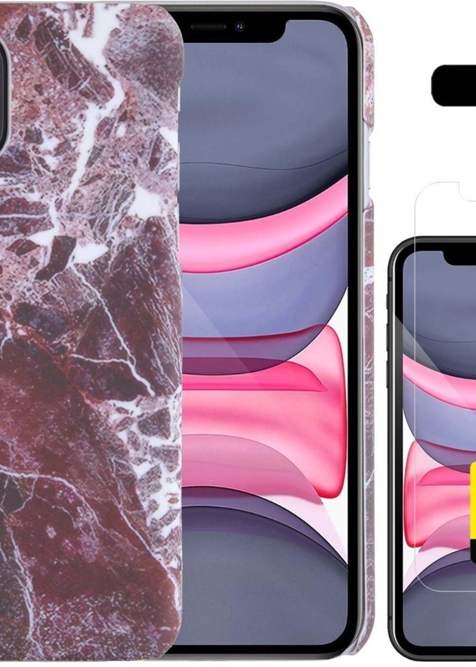 LUQ Hoesje Geschikt voor iPhone 11 Hoesje Marmer Case Hard Cover Met 2x Screenprotector - Hoes Geschikt voor iPhone 11 Case Marmer Hoesje Backcover - Rood
