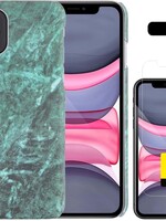 LUQ LUQ iPhone 11 hoesje marmer met 2x screenprotector - Groen