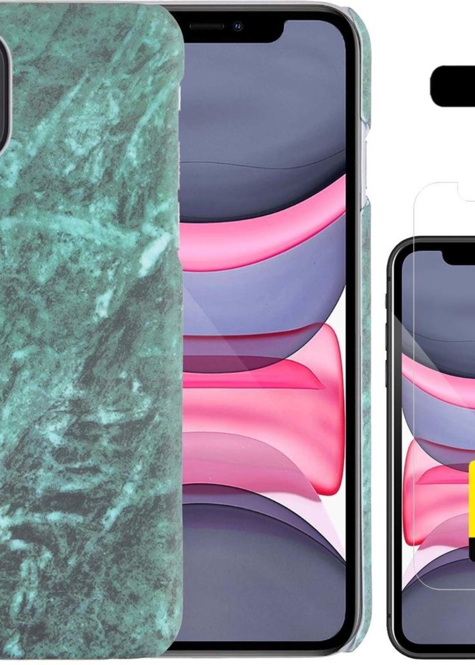 LUQ Hoesje Geschikt voor iPhone 11 Hoesje Marmer Case Hard Cover Met 2x Screenprotector - Hoes Geschikt voor iPhone 11 Case Marmer Hoesje Backcover - Groen