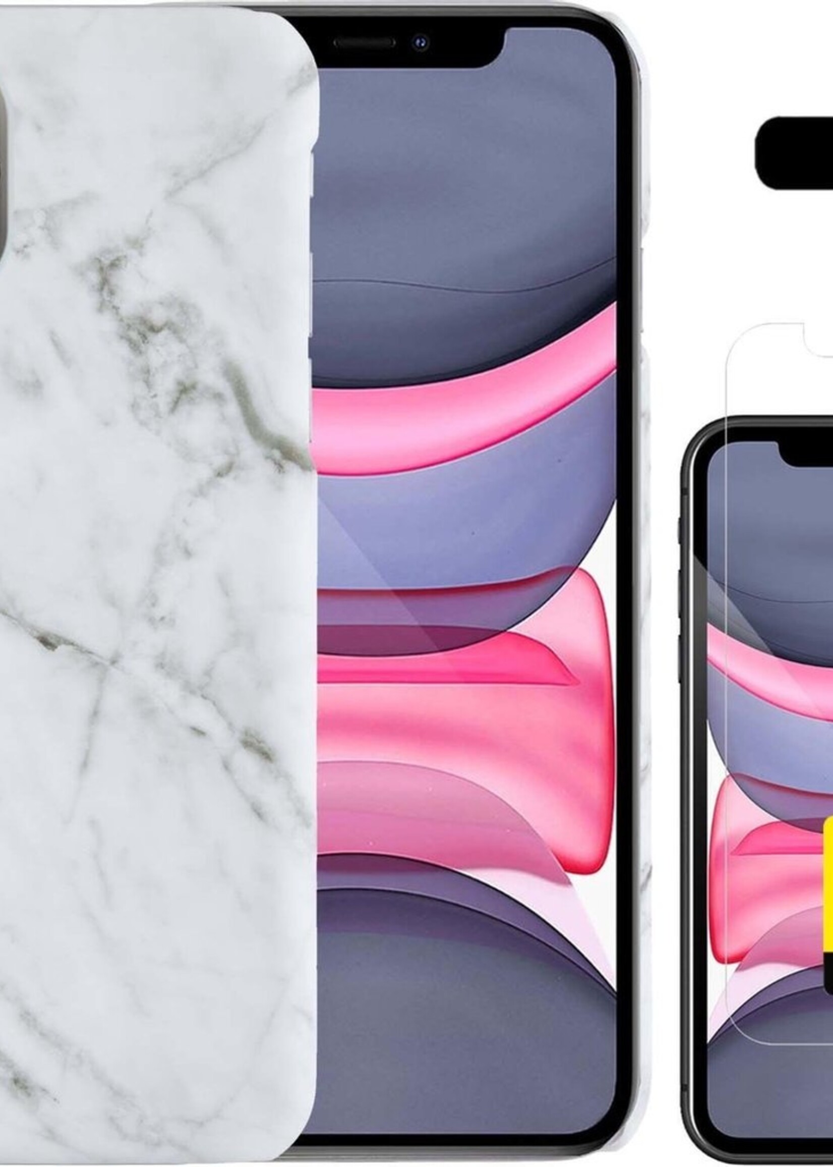 LUQ Hoesje Geschikt voor iPhone 11 Pro Hoesje Marmer Case Hard Cover Met 2x Screenprotector - Hoes Geschikt voor iPhone 11 Pro Case Marmer Hoesje Backcover - Wit