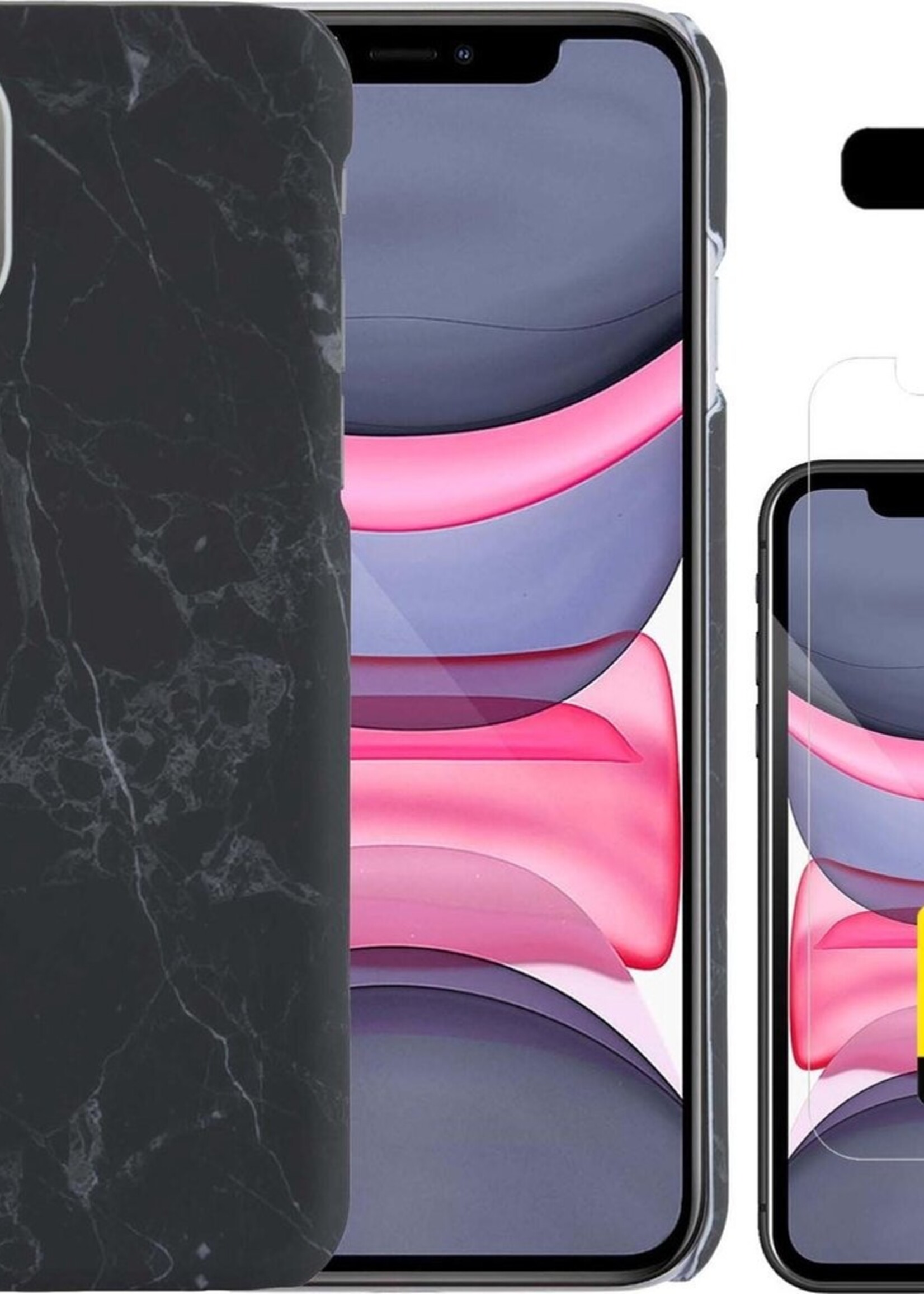 LUQ Hoesje Geschikt voor iPhone 11 Pro Hoesje Marmer Case Hard Cover Met 2x Screenprotector - Hoes Geschikt voor iPhone 11 Pro Case Marmer Hoesje Backcover - Zwart
