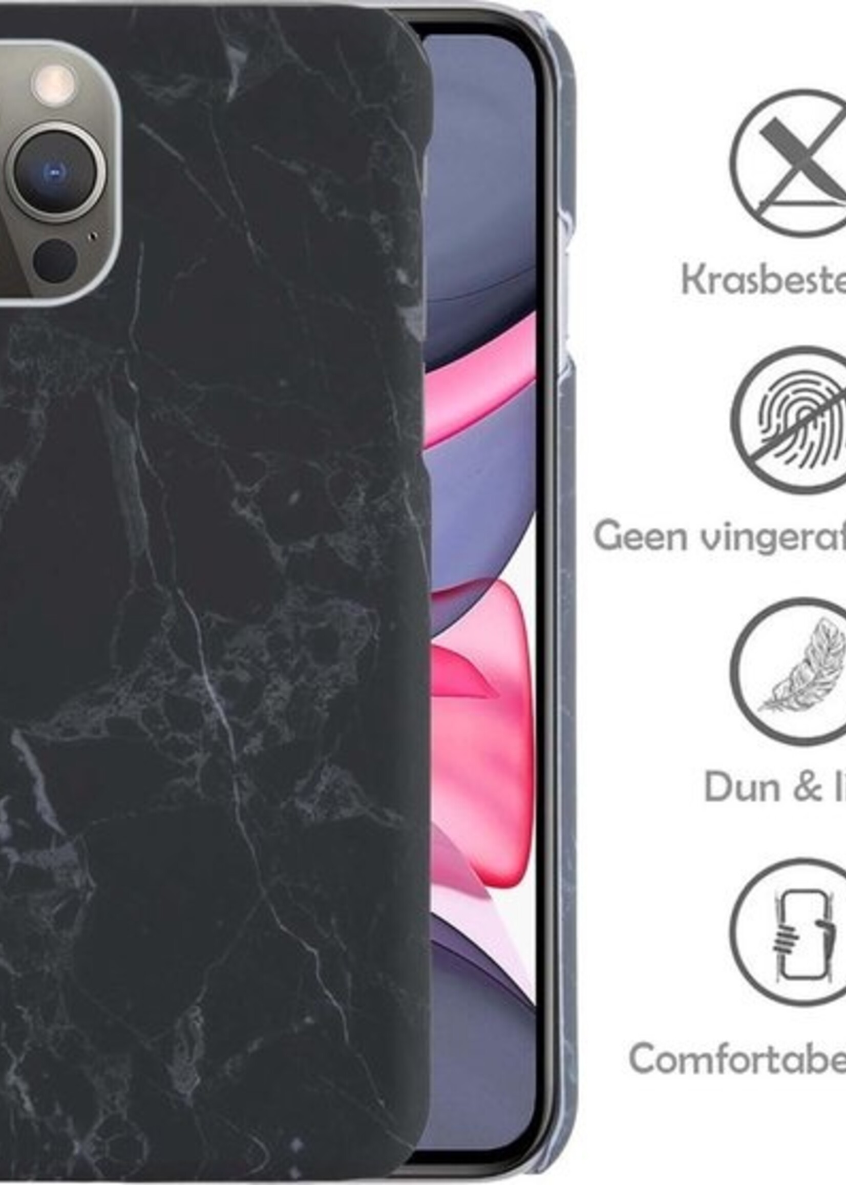 LUQ Hoesje Geschikt voor iPhone 11 Pro Hoesje Marmer Case Hard Cover Met 2x Screenprotector - Hoes Geschikt voor iPhone 11 Pro Case Marmer Hoesje Backcover - Zwart