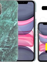 LUQ LUQ iPhone 11 Pro hoesje marmer met 2x screenprotector - Groen