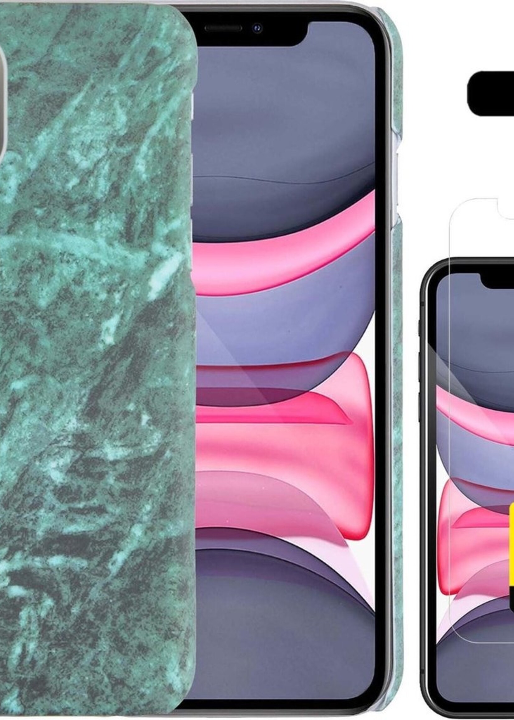 LUQ Hoesje Geschikt voor iPhone 11 Pro Hoesje Marmer Case Hard Cover Met 2x Screenprotector - Hoes Geschikt voor iPhone 11 Pro Case Marmer Hoesje Backcover - Groen