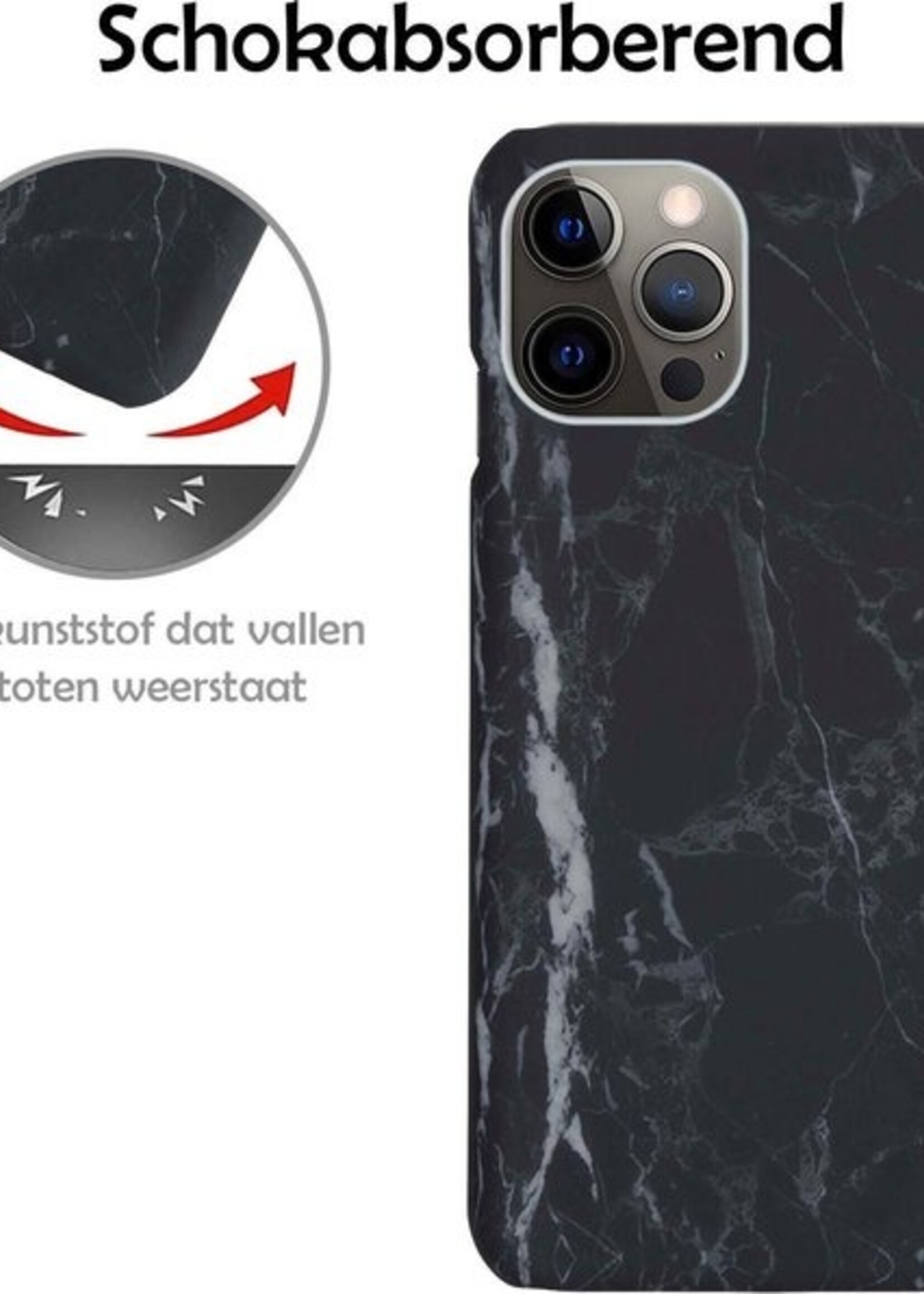 LUQ Hoesje Geschikt voor iPhone 11 Pro Max Hoesje Marmer Case Hard Cover Met 2x Screenprotector - Hoes Geschikt voor iPhone 11 Pro Max Case Marmer Hoesje Backcover - Zwart