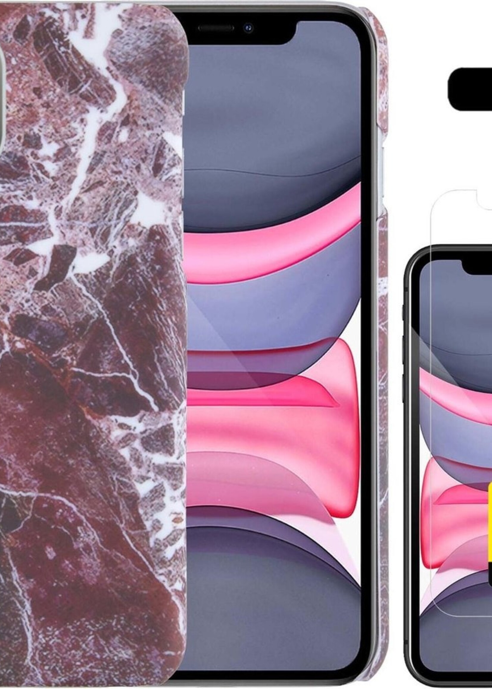 LUQ Hoesje Geschikt voor iPhone 11 Pro Max Hoesje Marmer Case Hard Cover Met 2x Screenprotector - Hoes Geschikt voor iPhone 11 Pro Max Case Marmer Hoesje Backcover - Rood