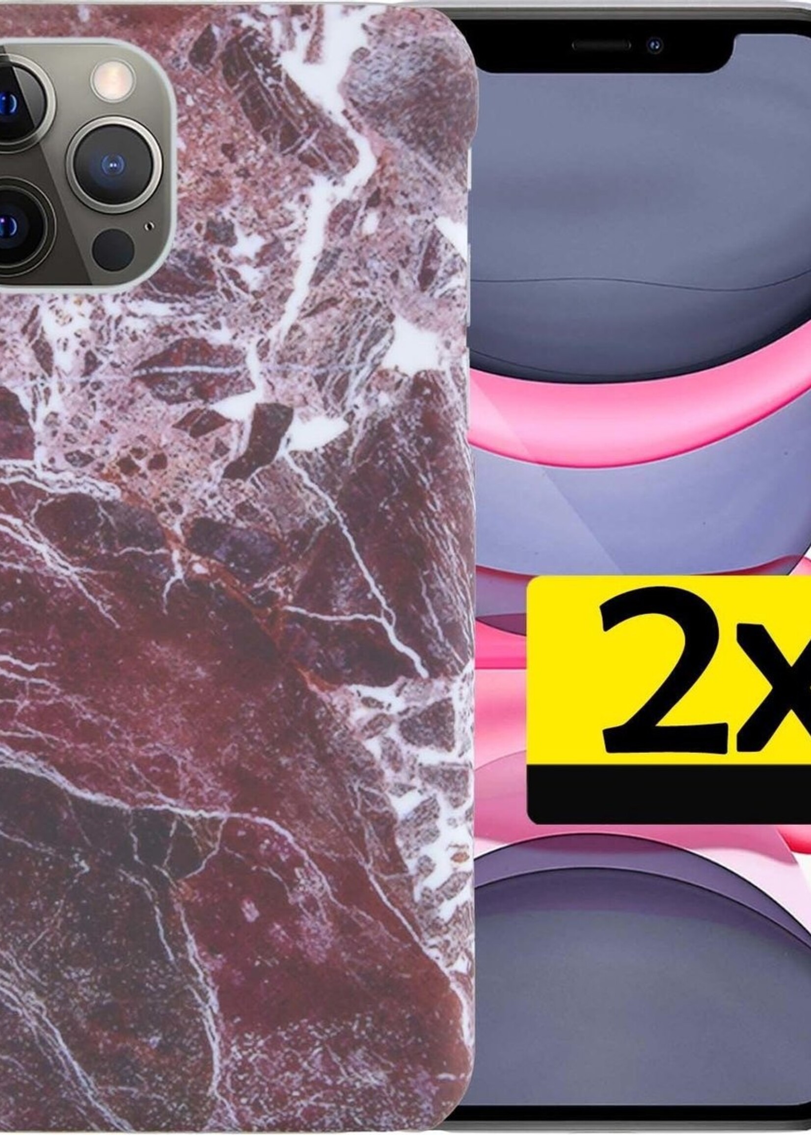 LUQ Hoesje Geschikt voor iPhone 11 Pro Max Hoesje Marmer Case Hard Cover - Hoes Geschikt voor iPhone 11 Pro Max Case Marmer Hoesje Backcover - Rood - 2 Stuks