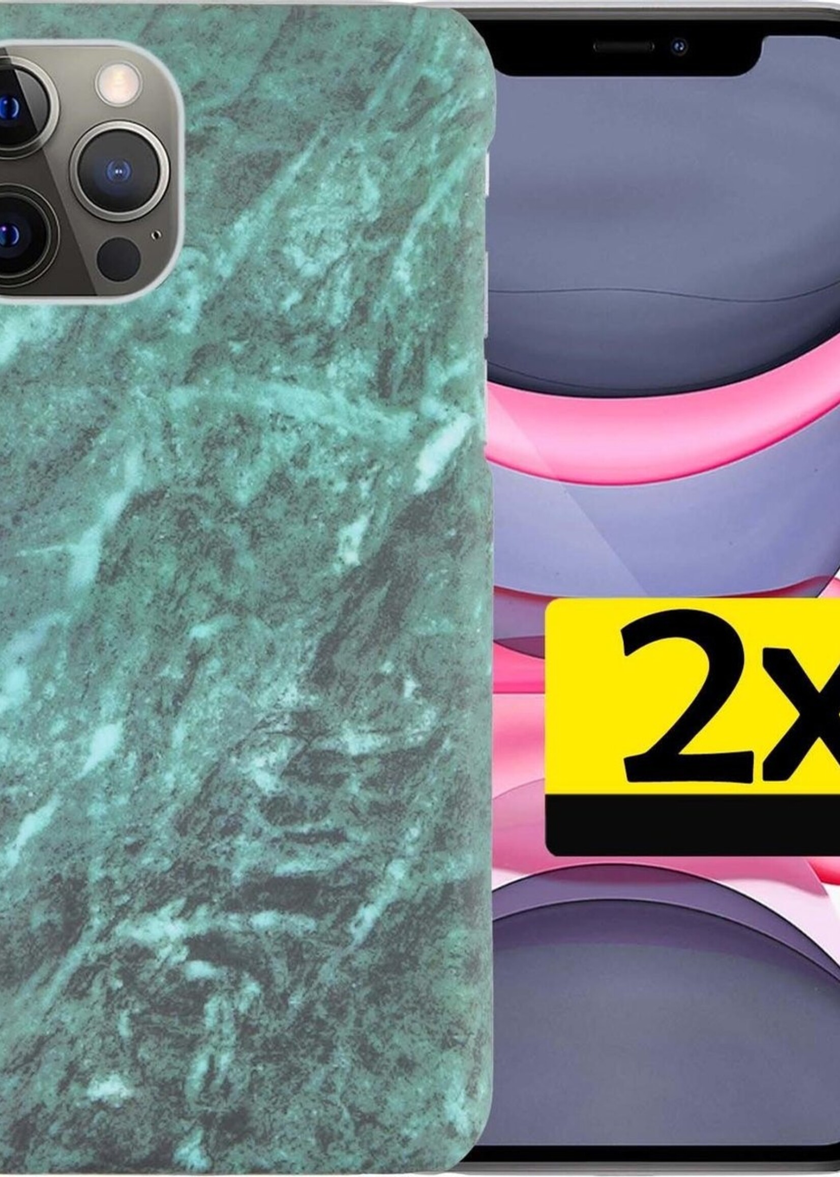 LUQ Hoesje Geschikt voor iPhone 11 Pro Max Hoesje Marmer Case Hard Cover - Hoes Geschikt voor iPhone 11 Pro Max Case Marmer Hoesje Backcover - Groen - 2 Stuks