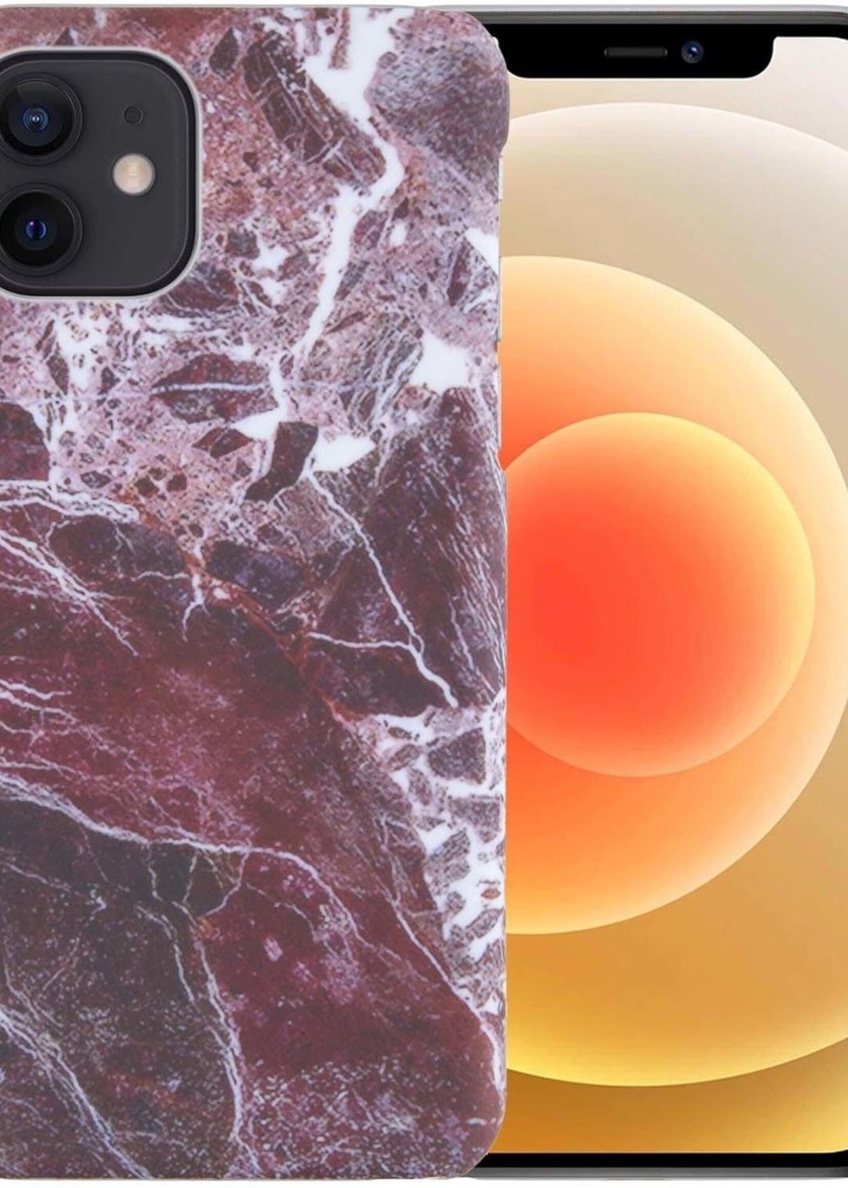 LUQ Hoesje Geschikt voor iPhone 12 Mini Hoesje Marmer Case Hard Cover - Hoes Geschikt voor iPhone 12 Mini Case Marmer Hoesje Backcover - Rood