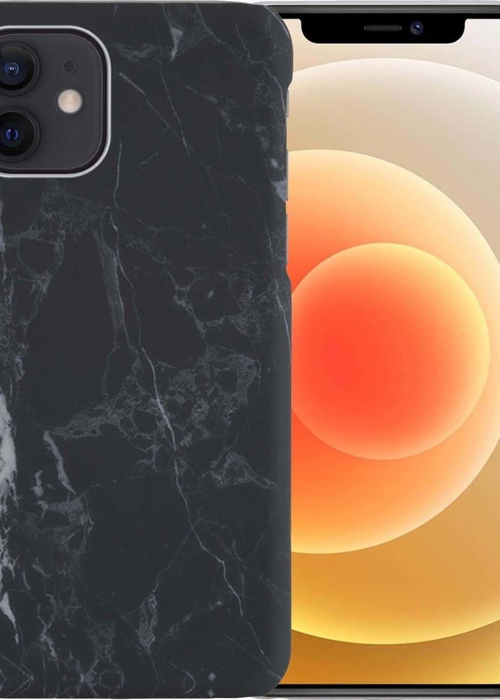 LUQ Hoesje Geschikt voor iPhone 12 Hoesje Marmer Case Hard Cover - Hoes Geschikt voor iPhone 12 Case Marmer Hoesje Backcover - Zwart