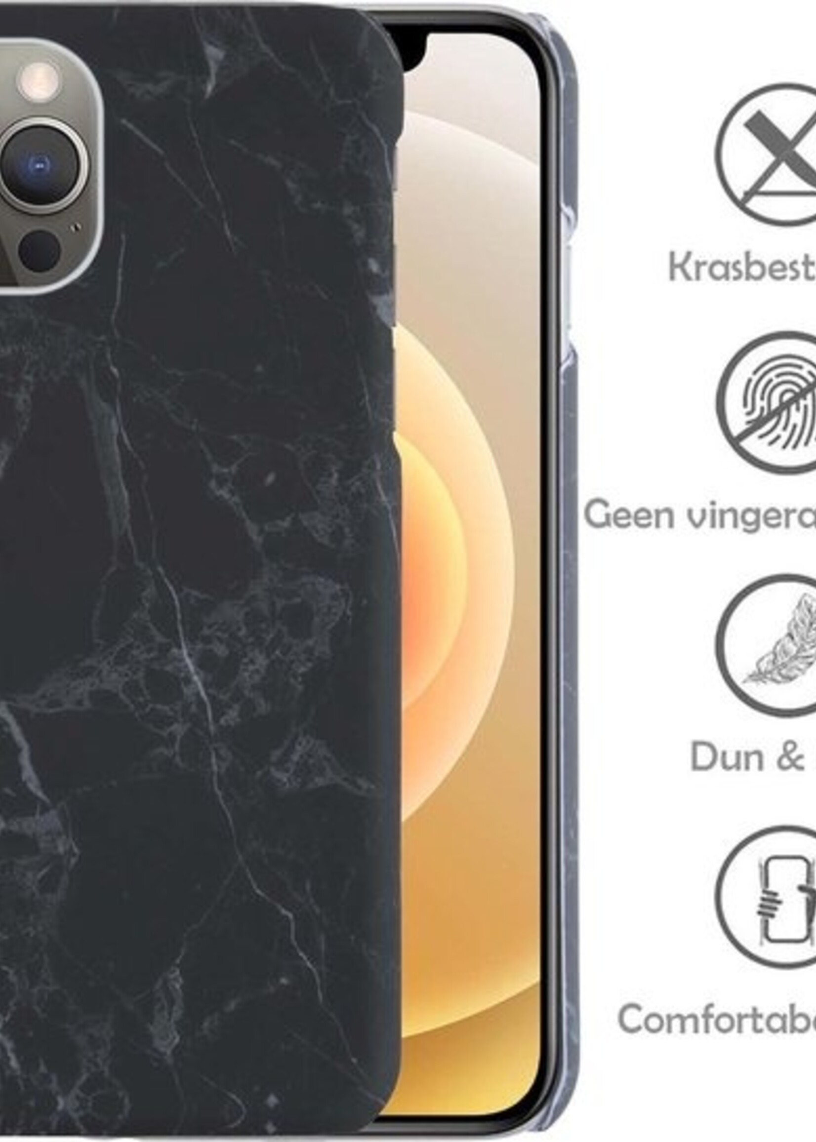 LUQ Hoesje Geschikt voor iPhone 12 Pro Hoesje Marmer Case Hard Cover - Hoes Geschikt voor iPhone 12 Pro Case Marmer Hoesje Backcover - Zwart