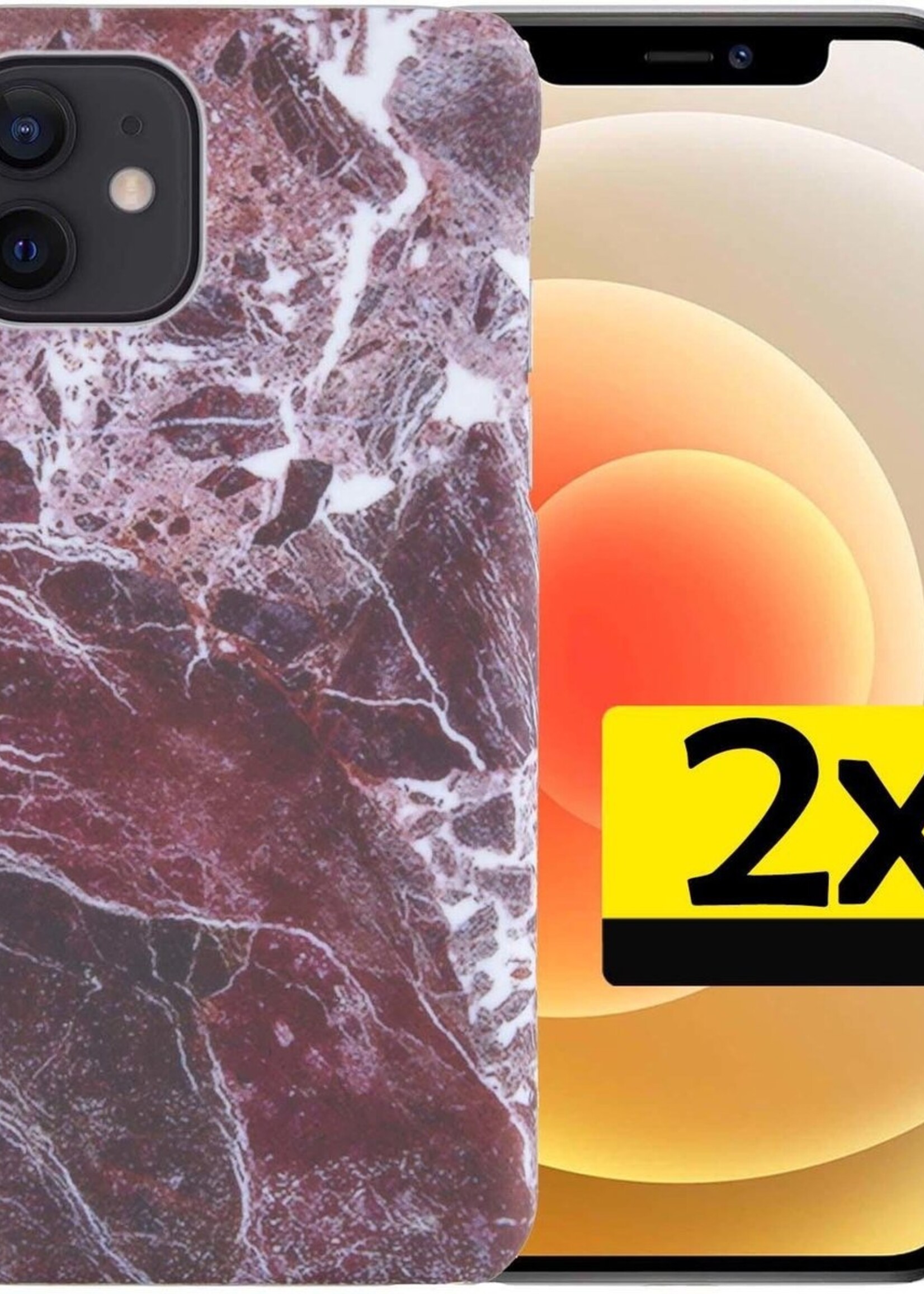 LUQ Hoesje Geschikt voor iPhone 12 Mini Hoesje Marmer Case Hard Cover - Hoes Geschikt voor iPhone 12 Mini Case Marmer Hoesje Backcover - Rood - 2 Stuks