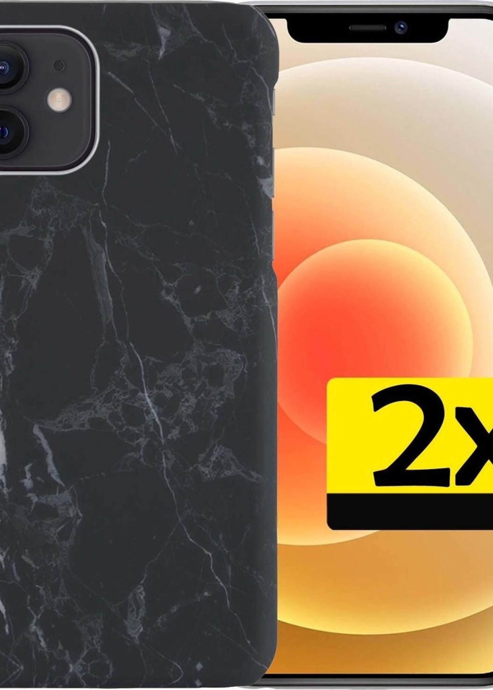 LUQ Hoesje Geschikt voor iPhone 12 Hoesje Marmer Case Hard Cover - Hoes Geschikt voor iPhone 12 Case Marmer Hoesje Backcover - Zwart - 2 Stuks