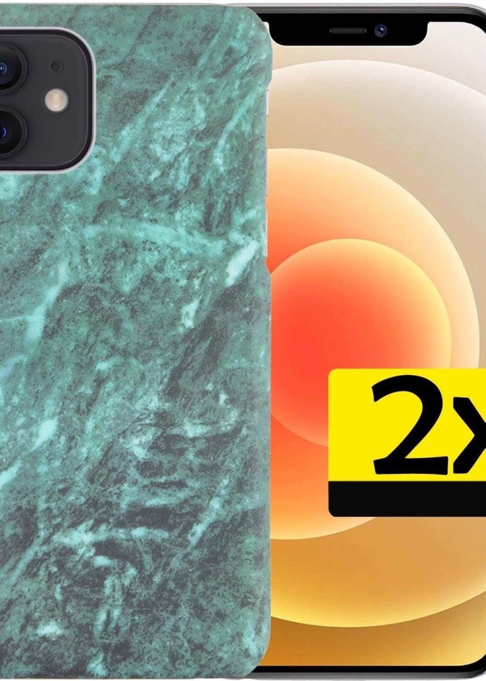 LUQ Hoesje Geschikt voor iPhone 12 Hoesje Marmer Case Hard Cover - Hoes Geschikt voor iPhone 12 Case Marmer Hoesje Backcover - Groen - 2 Stuks
