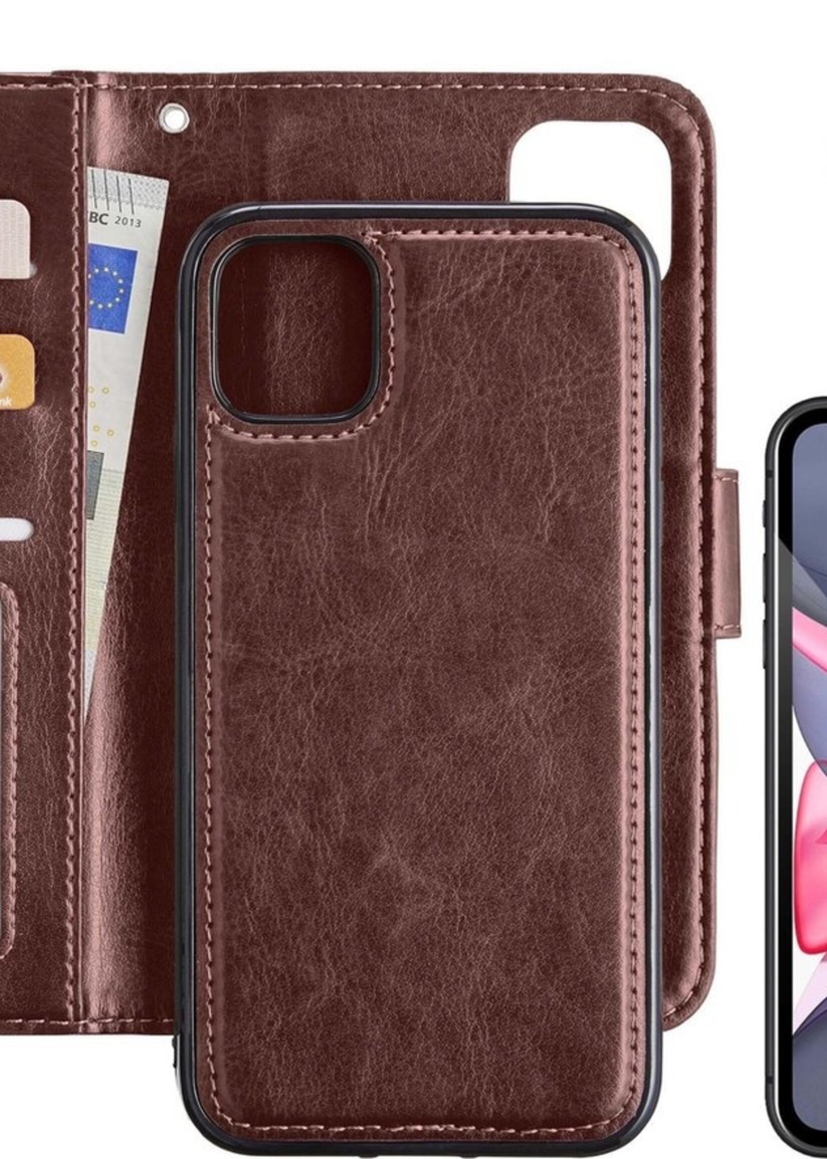 LUQ Hoesje Geschikt voor iPhone 11 Hoesje Case Uitneembare Bookcase 2-in-1 Hoes Met Screenprotector - Hoes Geschikt voor iPhone 11 Hoes Wallet Case Met Pasjeshouder Hoesje - Bruin
