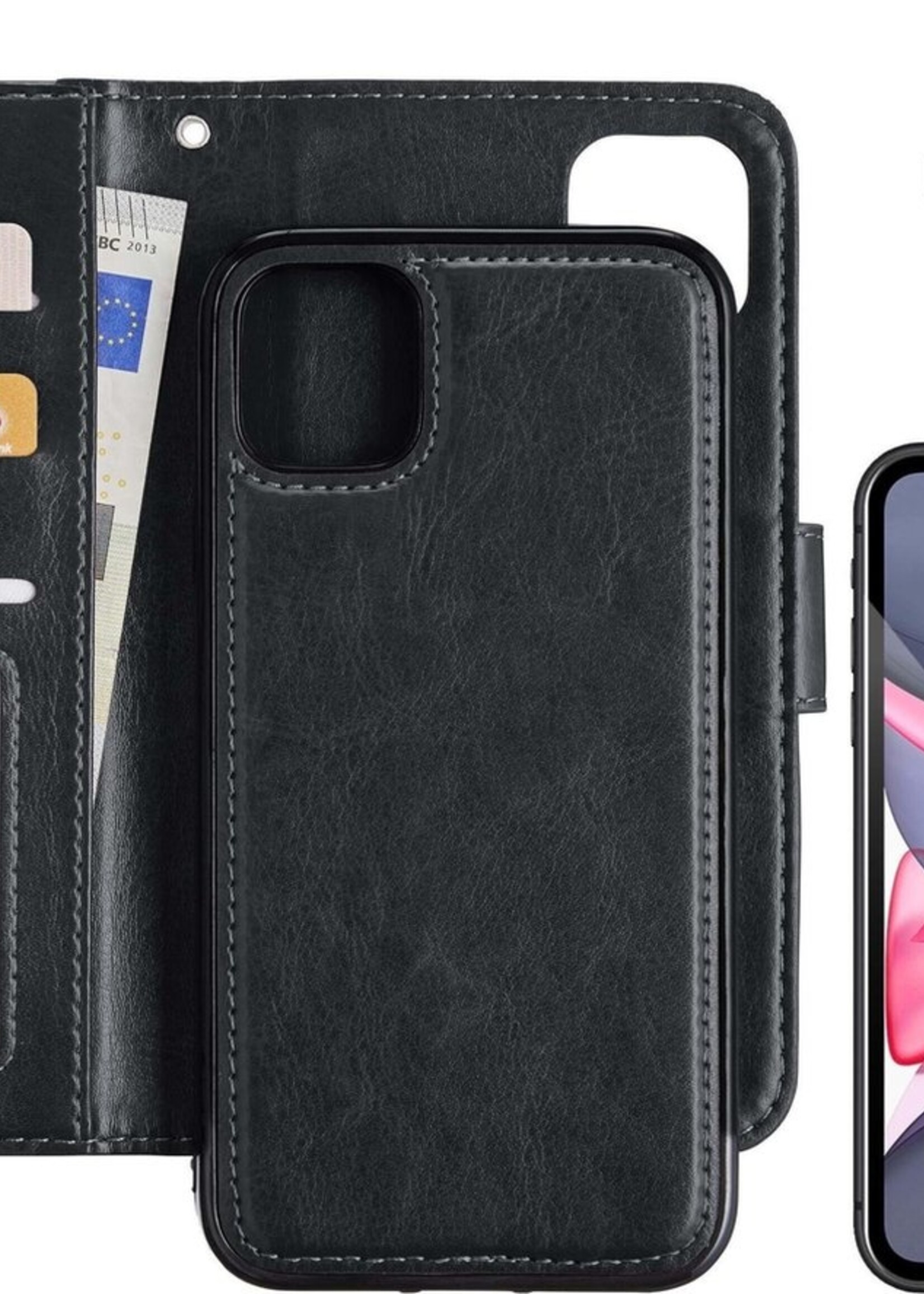 LUQ Hoesje Geschikt voor iPhone 11 Hoesje Case Uitneembare Bookcase 2-in-1 Hoes Met 2x Screenprotector - Hoes Geschikt voor iPhone 11 Hoes Wallet Case Met Pasjeshouder Hoesje - Zwart