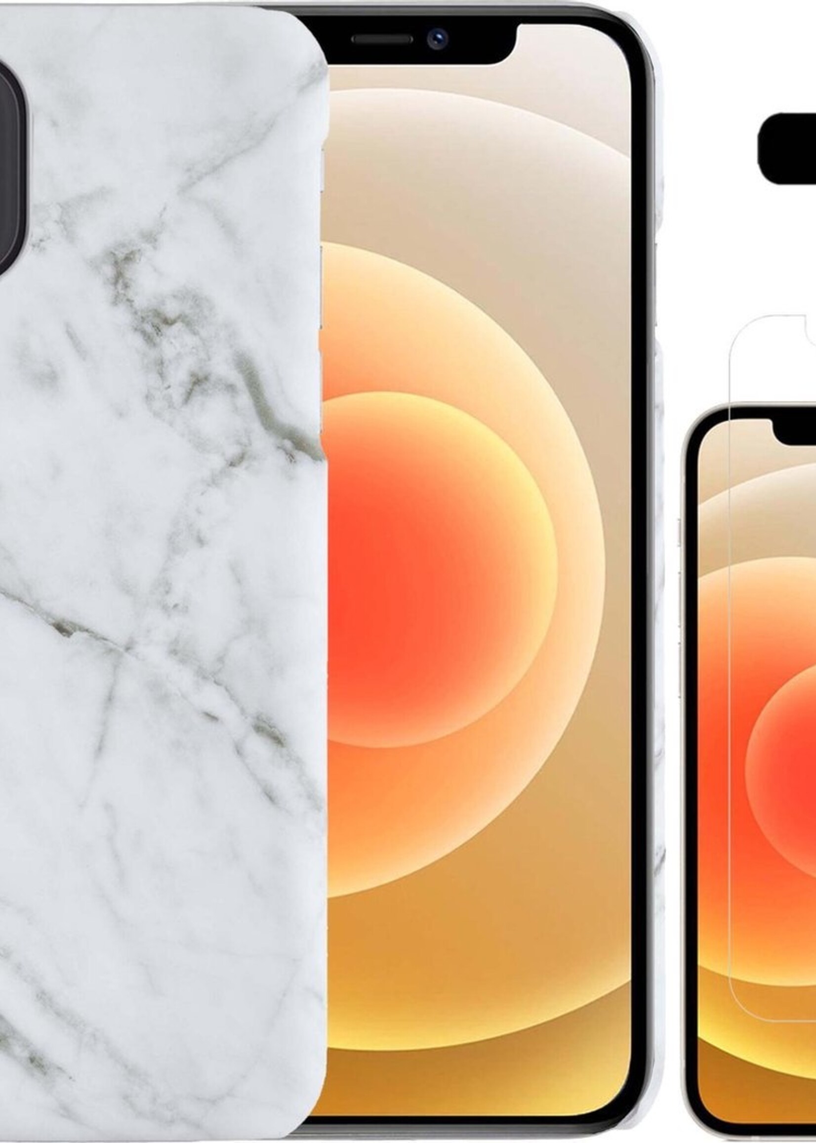 LUQ Hoesje Geschikt voor iPhone 12 Mini Hoesje Marmer Case Hard Cover Met Screenprotector - Hoes Geschikt voor iPhone 12 Mini Case Marmer Hoesje Backcover - Wit
