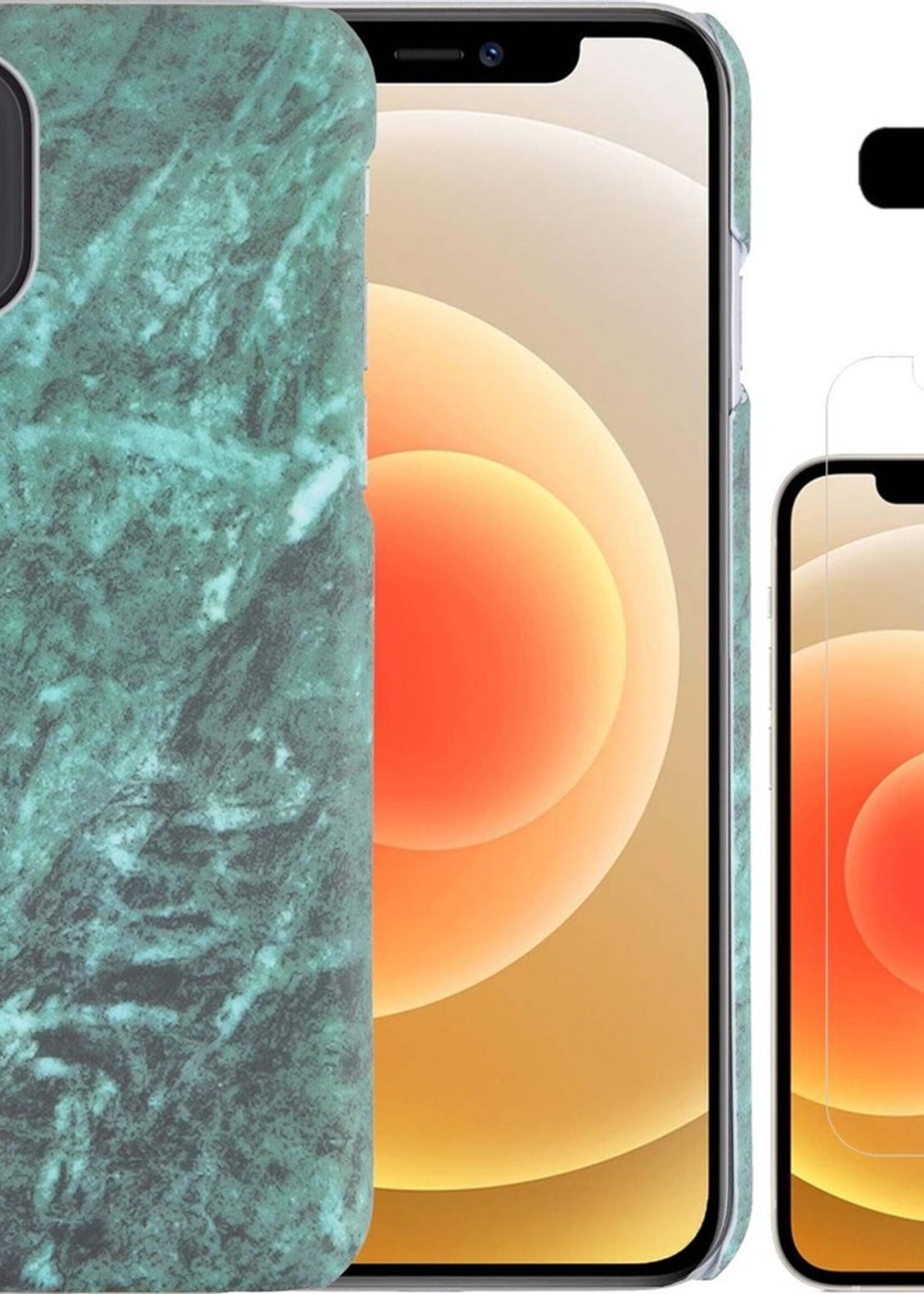 LUQ Hoesje Geschikt voor iPhone 12 Mini Hoesje Marmer Case Hard Cover Met Screenprotector - Hoes Geschikt voor iPhone 12 Mini Case Marmer Hoesje Backcover - Groen