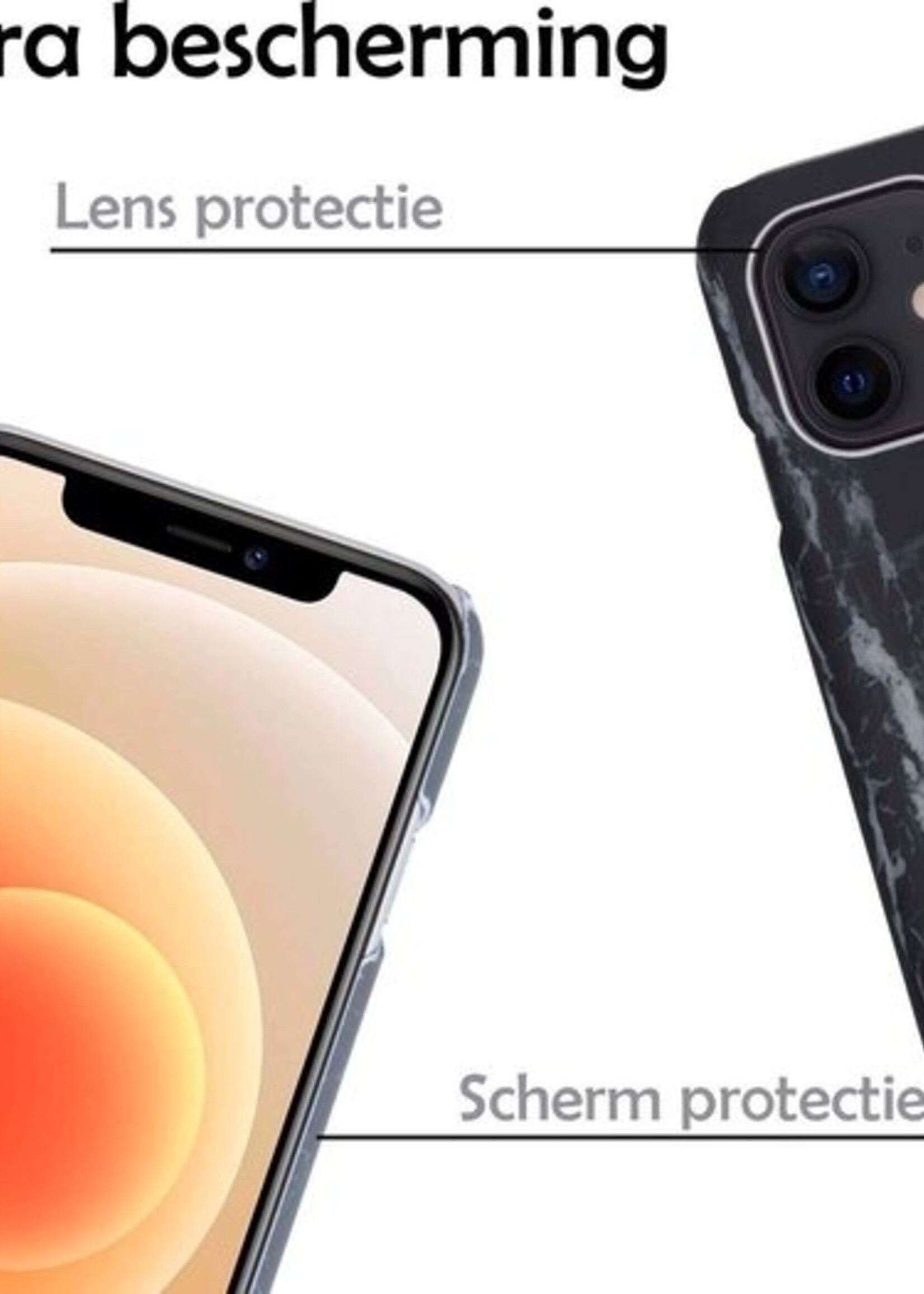 LUQ Hoesje Geschikt voor iPhone 12 Hoesje Marmer Case Hard Cover Met Screenprotector - Hoes Geschikt voor iPhone 12 Case Marmer Hoesje Backcover - Zwart