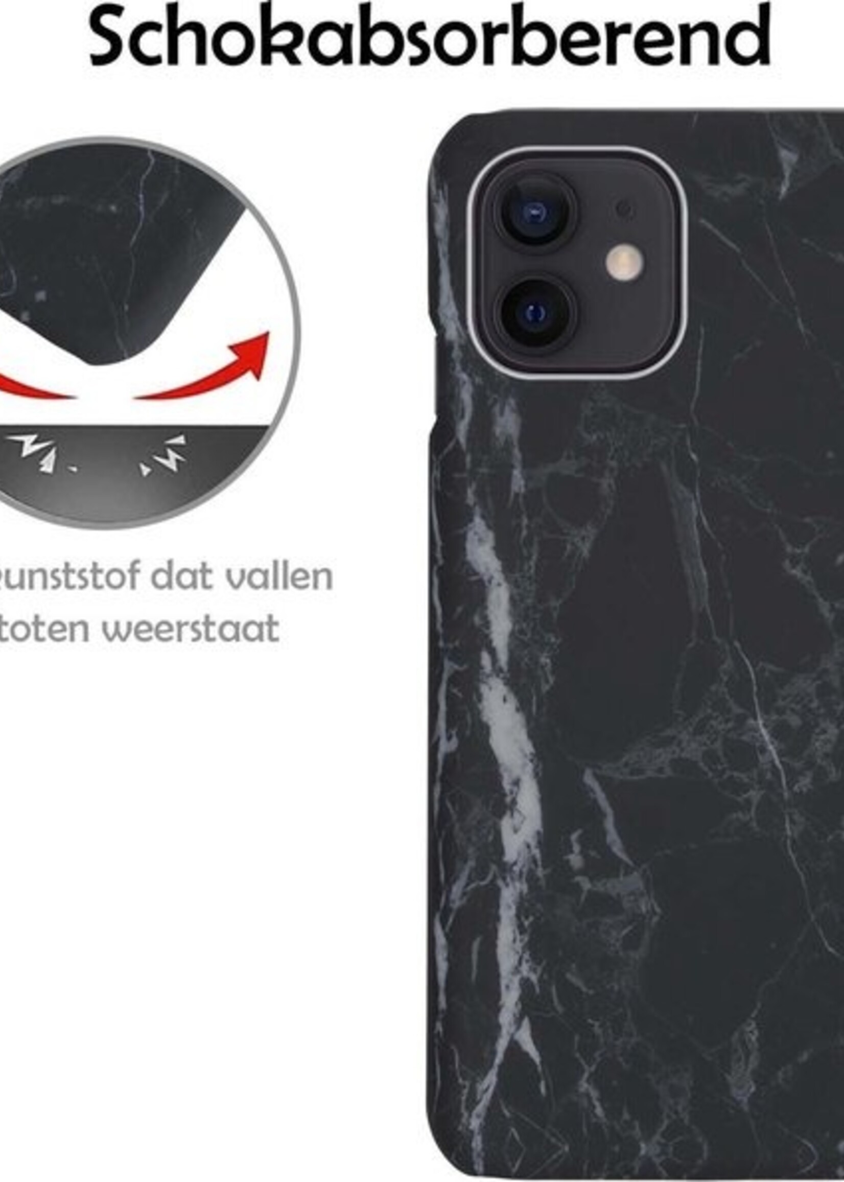 LUQ Hoesje Geschikt voor iPhone 12 Hoesje Marmer Case Hard Cover Met Screenprotector - Hoes Geschikt voor iPhone 12 Case Marmer Hoesje Backcover - Zwart
