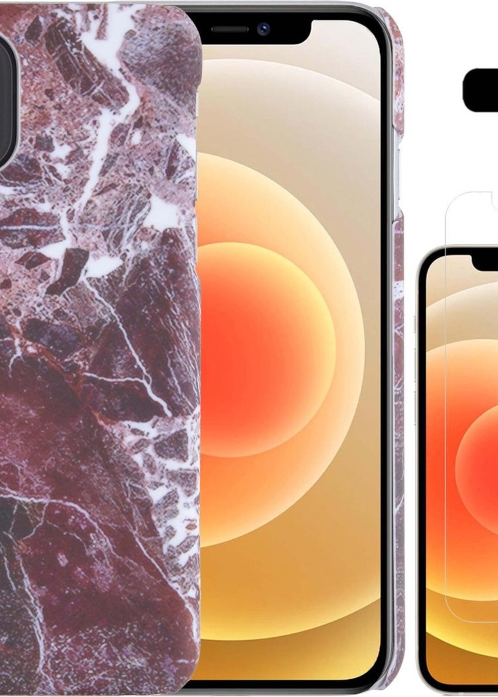 LUQ Hoesje Geschikt voor iPhone 12 Hoesje Marmer Case Hard Cover Met Screenprotector - Hoes Geschikt voor iPhone 12 Case Marmer Hoesje Backcover - Rood