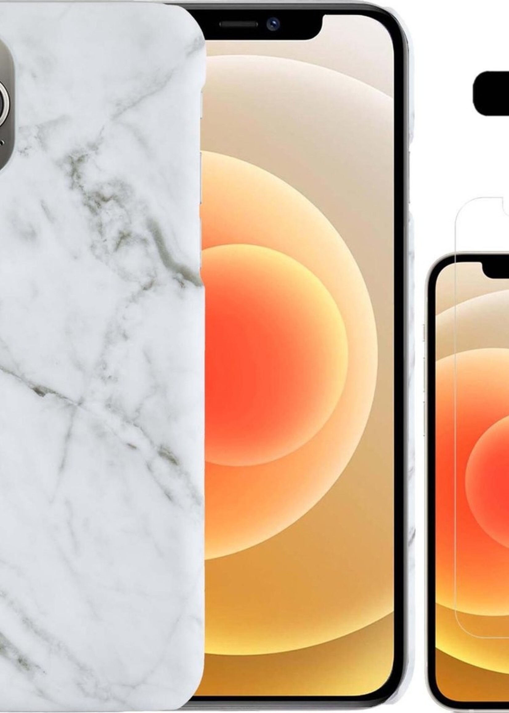 LUQ Hoesje Geschikt voor iPhone 12 Pro Hoesje Marmer Case Hard Cover Met Screenprotector - Hoes Geschikt voor iPhone 12 Pro Case Marmer Hoesje Backcover - Wit