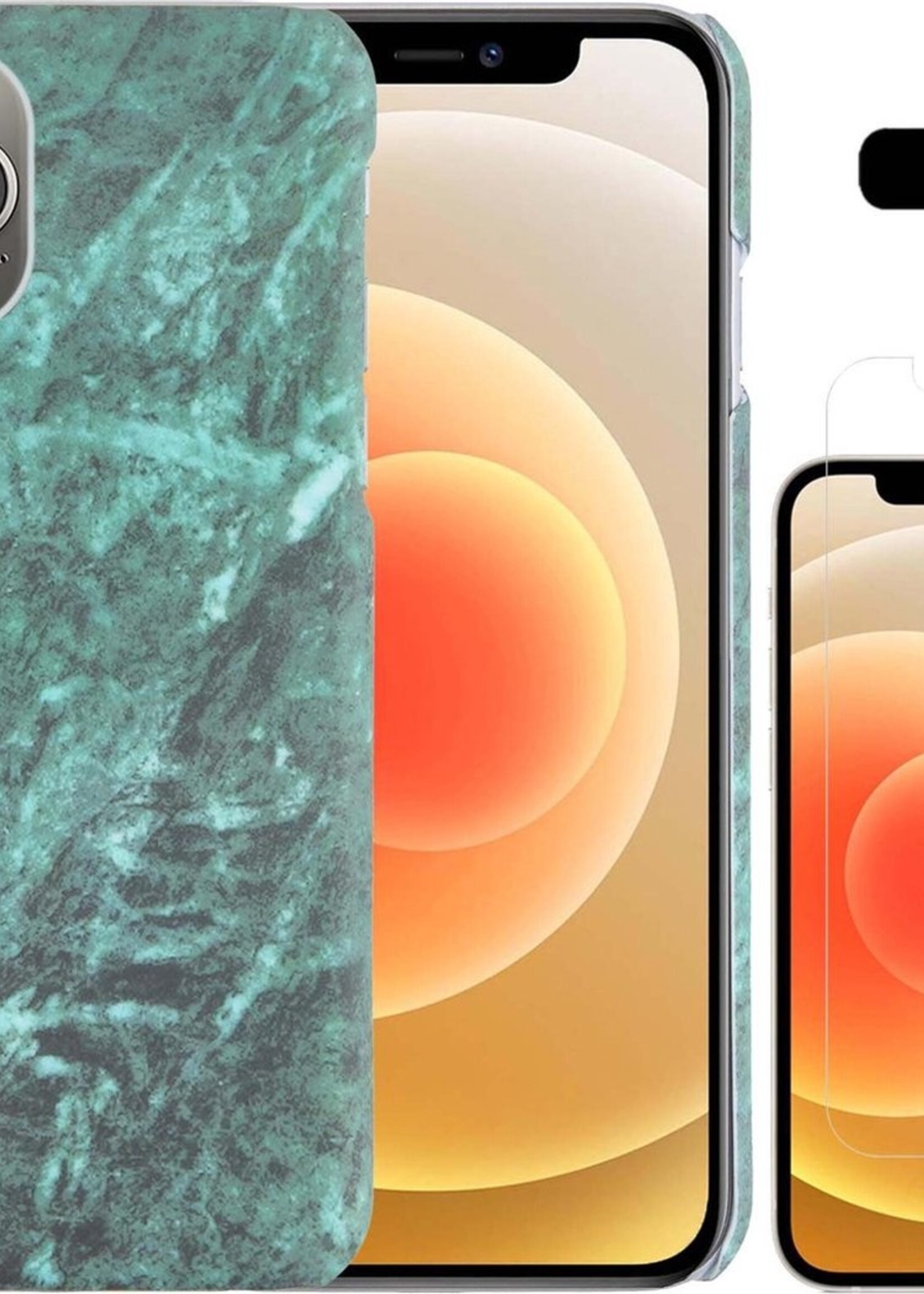LUQ Hoesje Geschikt voor iPhone 12 Pro Hoesje Marmer Case Hard Cover Met Screenprotector - Hoes Geschikt voor iPhone 12 Pro Case Marmer Hoesje Backcover - Groen