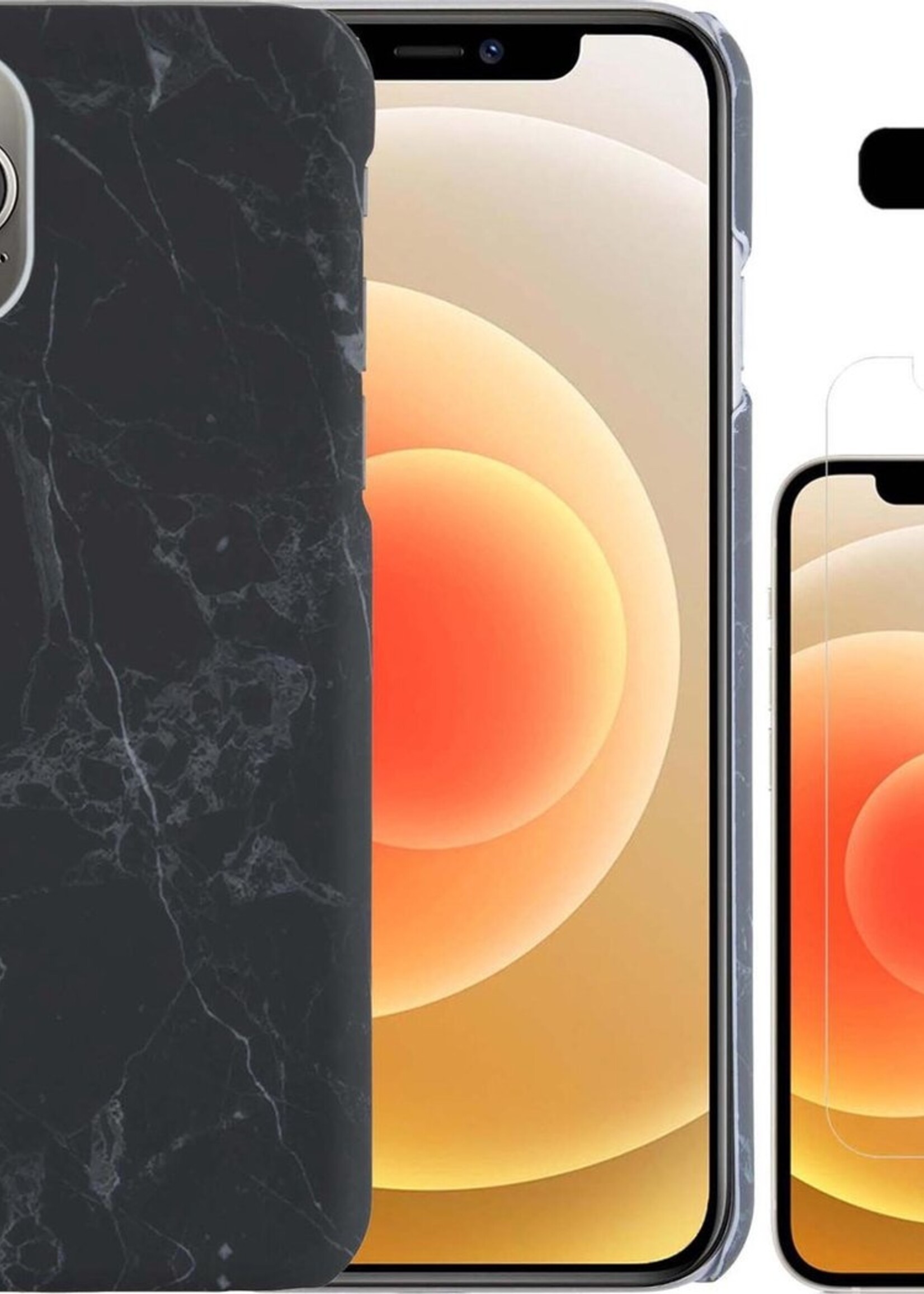 LUQ Hoesje Geschikt voor iPhone 12 Pro Max Hoesje Marmer Case Hard Cover Met Screenprotector - Hoes Geschikt voor iPhone 12 Pro Max Case Marmer Hoesje Backcover - Zwart