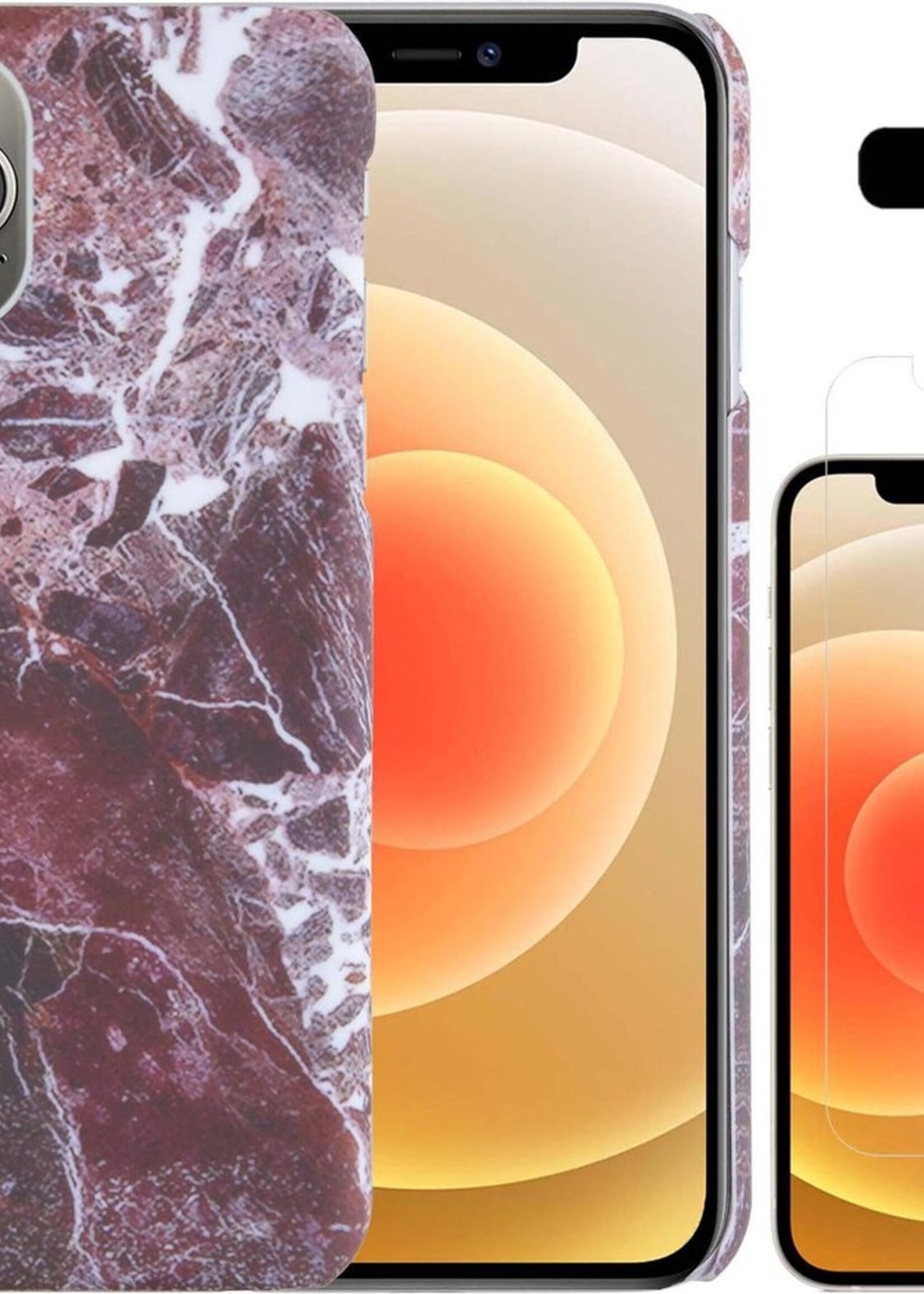 LUQ Hoesje Geschikt voor iPhone 12 Pro Max Hoesje Marmer Case Hard Cover Met Screenprotector - Hoes Geschikt voor iPhone 12 Pro Max Case Marmer Hoesje Backcover - Rood