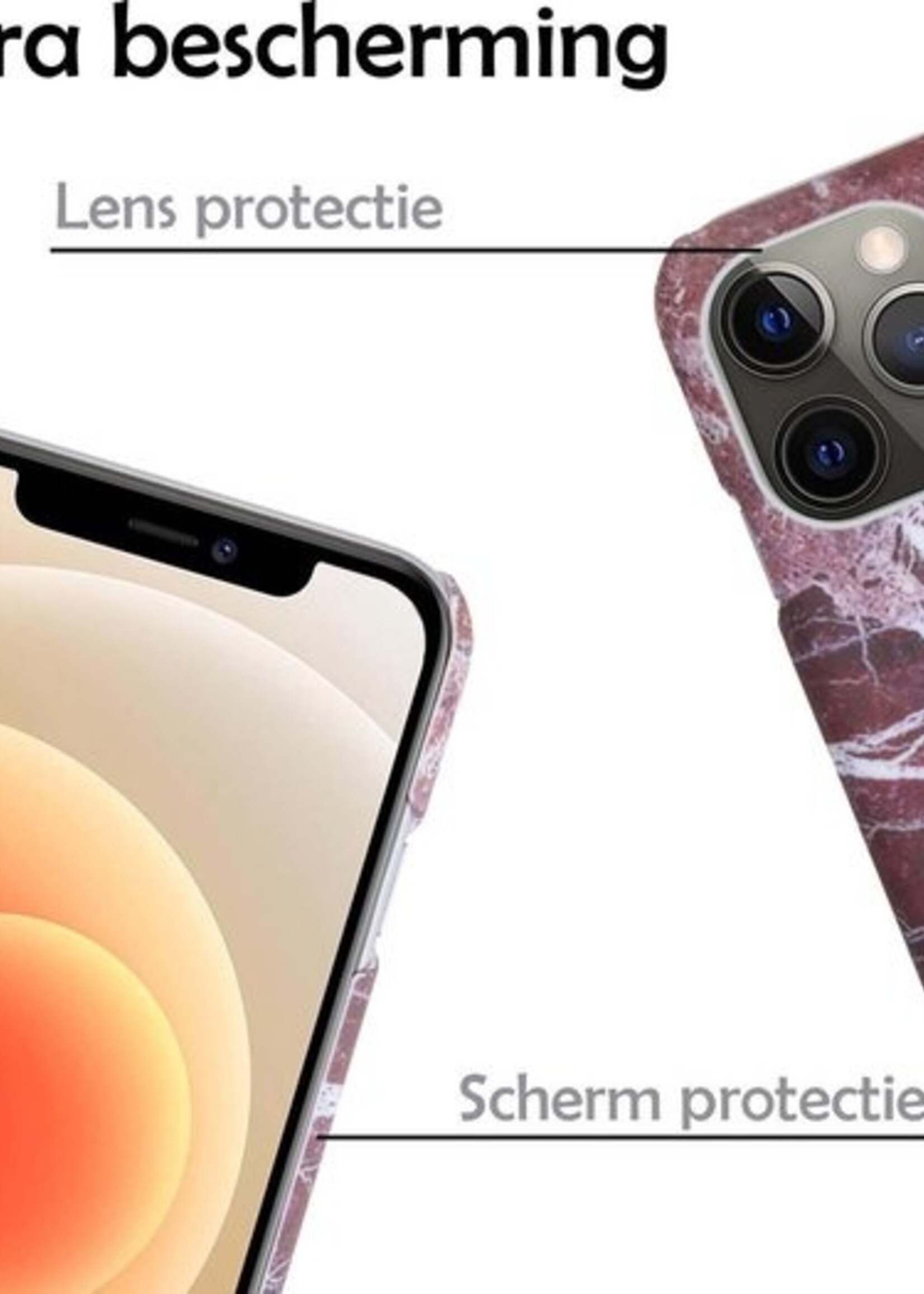 LUQ Hoesje Geschikt voor iPhone 12 Pro Max Hoesje Marmer Case Hard Cover Met Screenprotector - Hoes Geschikt voor iPhone 12 Pro Max Case Marmer Hoesje Backcover - Rood