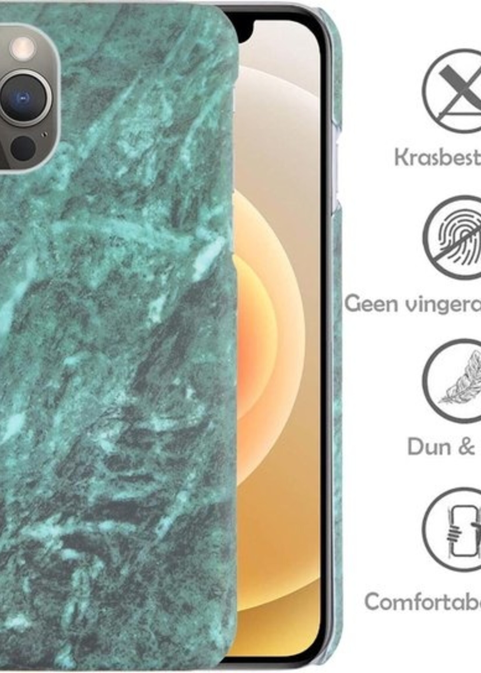 LUQ Hoesje Geschikt voor iPhone 12 Pro Max Hoesje Marmer Case Hard Cover Met Screenprotector - Hoes Geschikt voor iPhone 12 Pro Max Case Marmer Hoesje Backcover - Groen