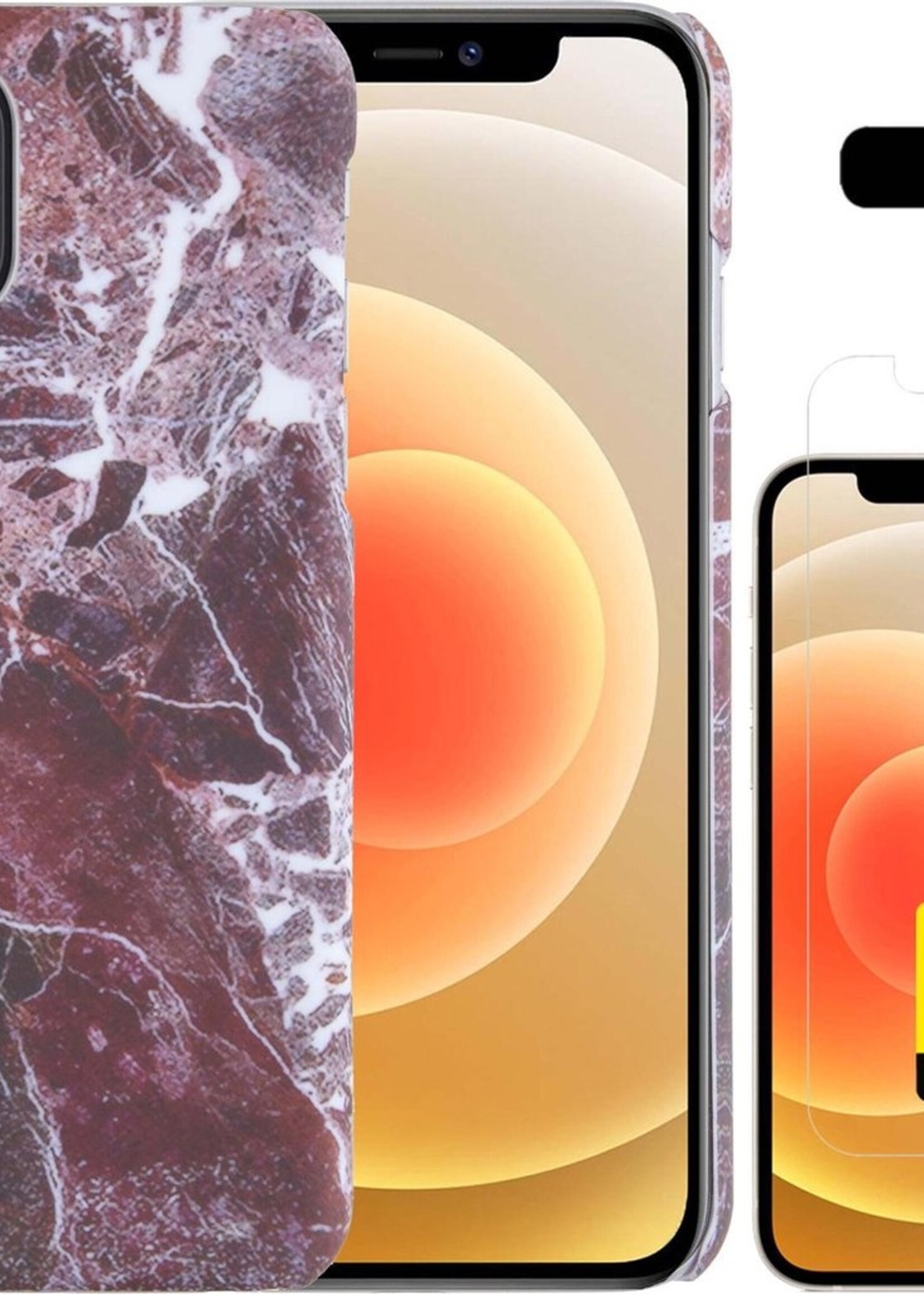LUQ Hoesje Geschikt voor iPhone 12 Mini Hoesje Marmer Case Hard Cover Met 2x Screenprotector - Hoes Geschikt voor iPhone 12 Mini Case Marmer Hoesje Backcover - Rood