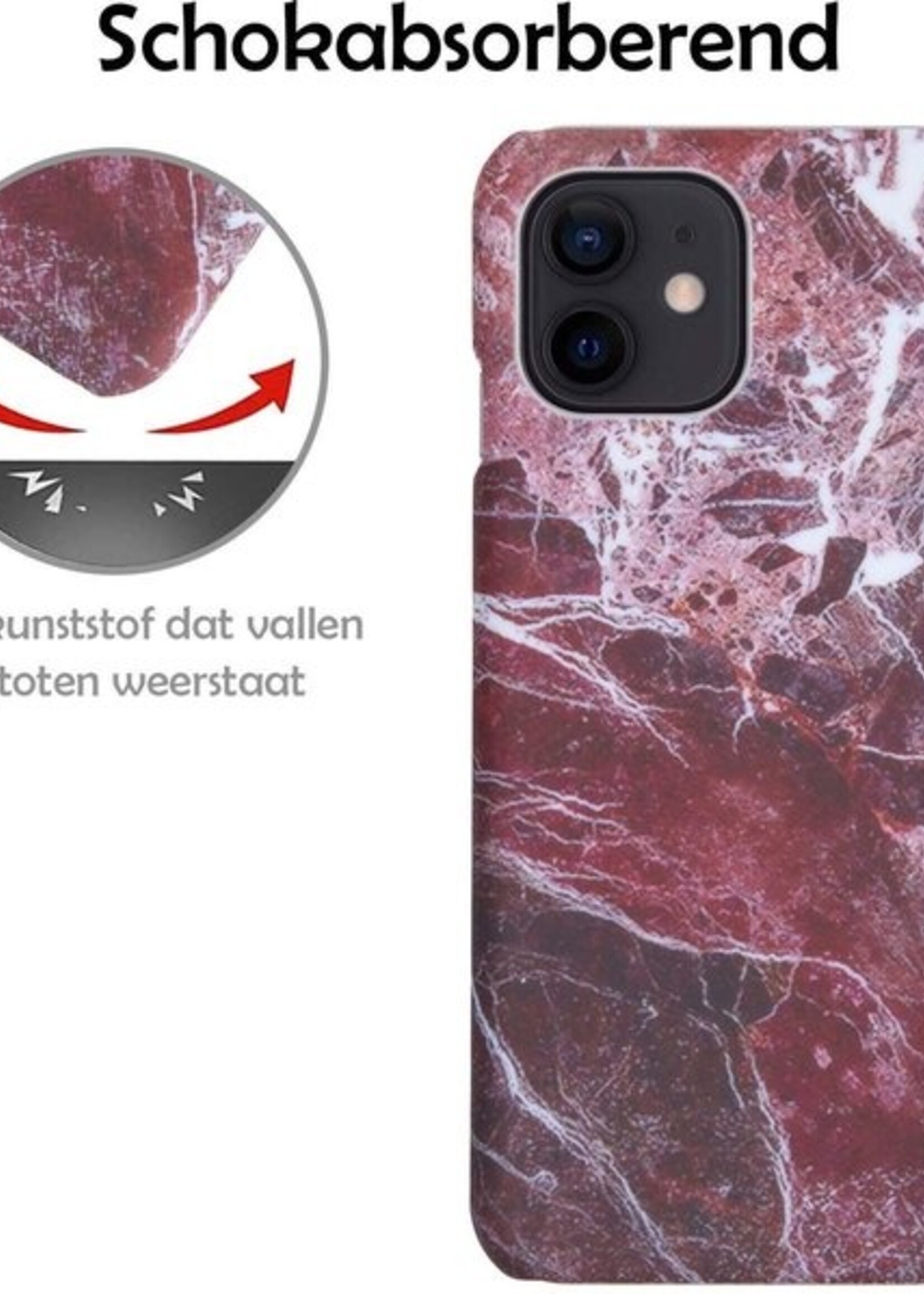 LUQ Hoesje Geschikt voor iPhone 12 Mini Hoesje Marmer Case Hard Cover Met 2x Screenprotector - Hoes Geschikt voor iPhone 12 Mini Case Marmer Hoesje Backcover - Rood