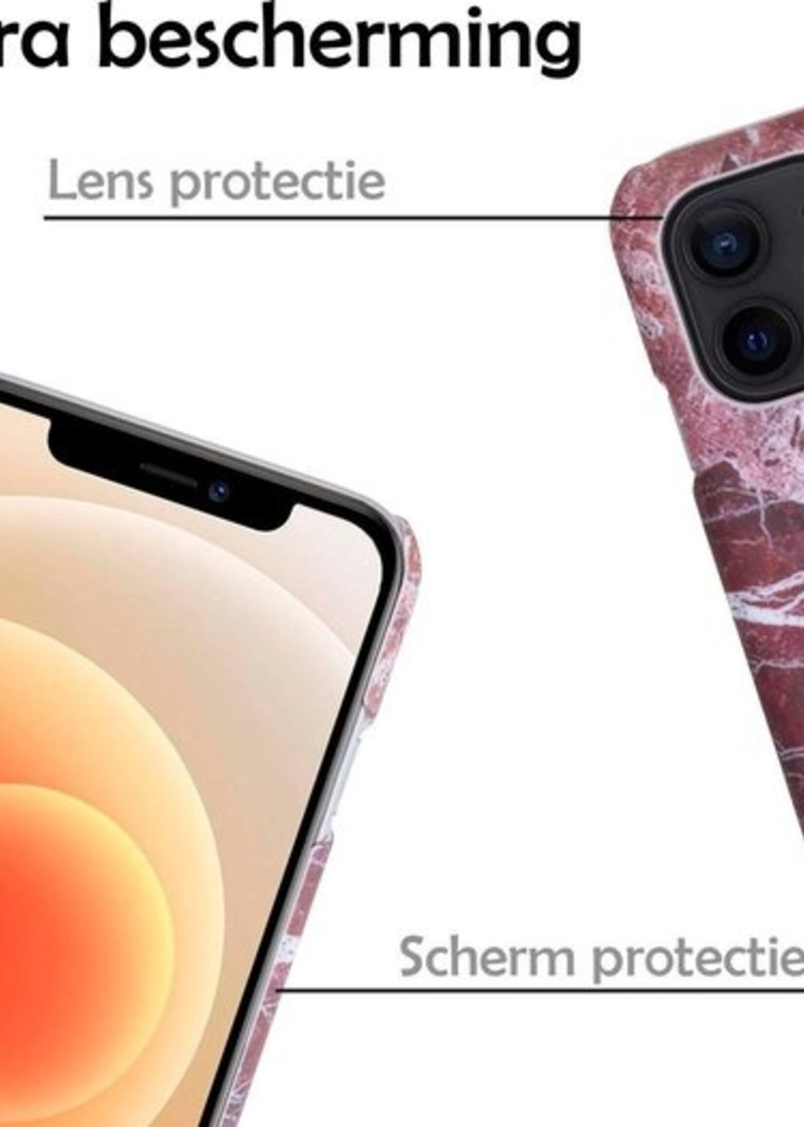 LUQ Hoesje Geschikt voor iPhone 12 Mini Hoesje Marmer Case Hard Cover Met 2x Screenprotector - Hoes Geschikt voor iPhone 12 Mini Case Marmer Hoesje Backcover - Rood