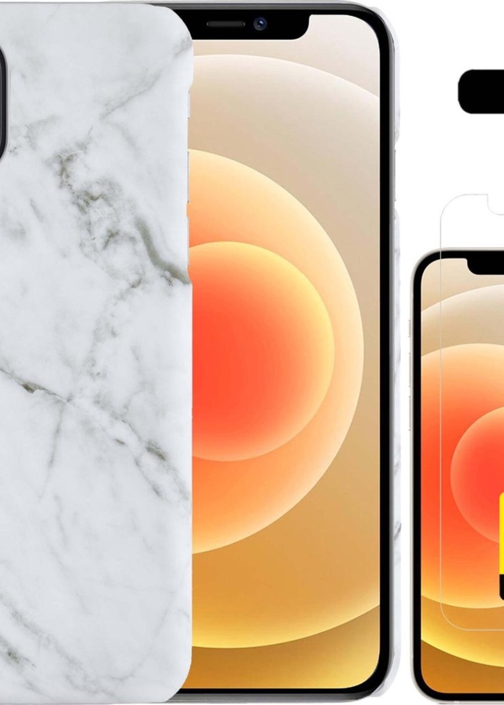 LUQ Hoesje Geschikt voor iPhone 12 Hoesje Marmer Case Hard Cover Met 2x Screenprotector - Hoes Geschikt voor iPhone 12 Case Marmer Hoesje Backcover - Wit