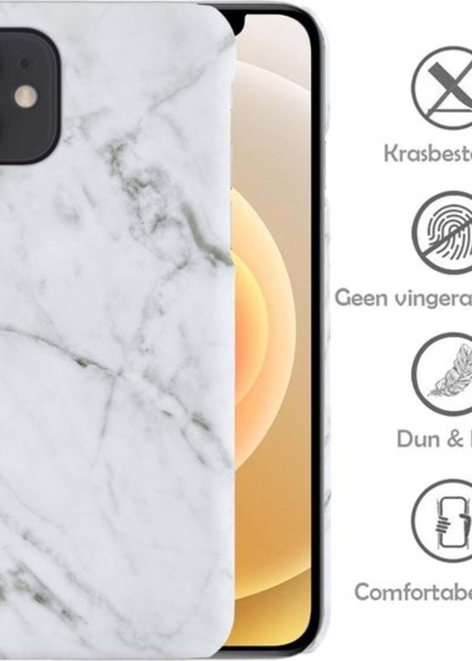 LUQ Hoesje Geschikt voor iPhone 12 Hoesje Marmer Case Hard Cover Met 2x Screenprotector - Hoes Geschikt voor iPhone 12 Case Marmer Hoesje Backcover - Wit