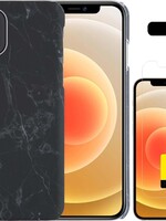 LUQ LUQ iPhone 12 hoesje marmer met 2x screenprotector - Zwart