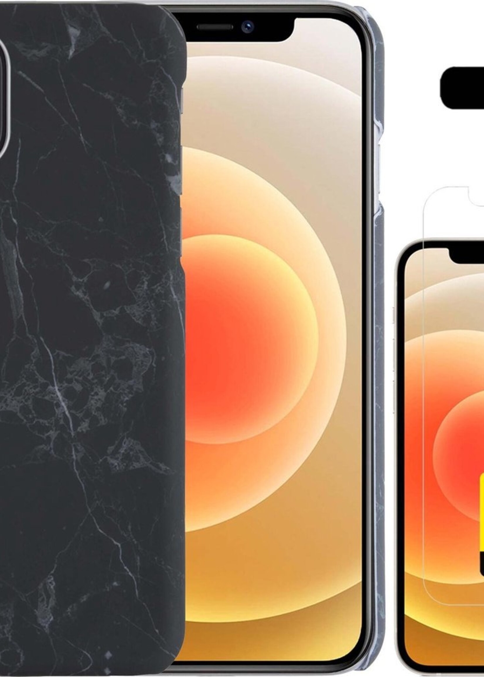 LUQ Hoesje Geschikt voor iPhone 12 Hoesje Marmer Case Hard Cover Met 2x Screenprotector - Hoes Geschikt voor iPhone 12 Case Marmer Hoesje Backcover - Zwart