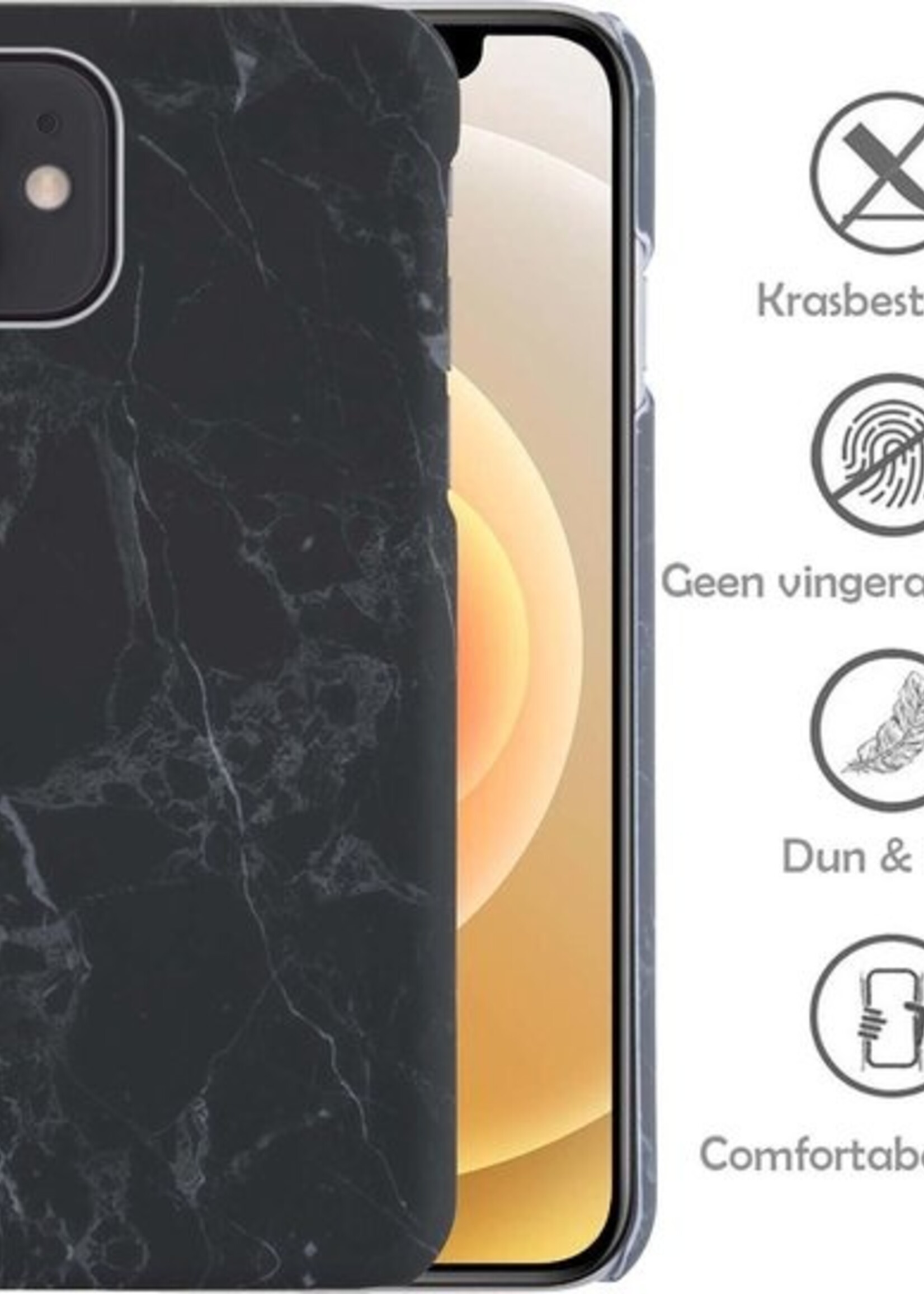 LUQ Hoesje Geschikt voor iPhone 12 Hoesje Marmer Case Hard Cover Met 2x Screenprotector - Hoes Geschikt voor iPhone 12 Case Marmer Hoesje Backcover - Zwart