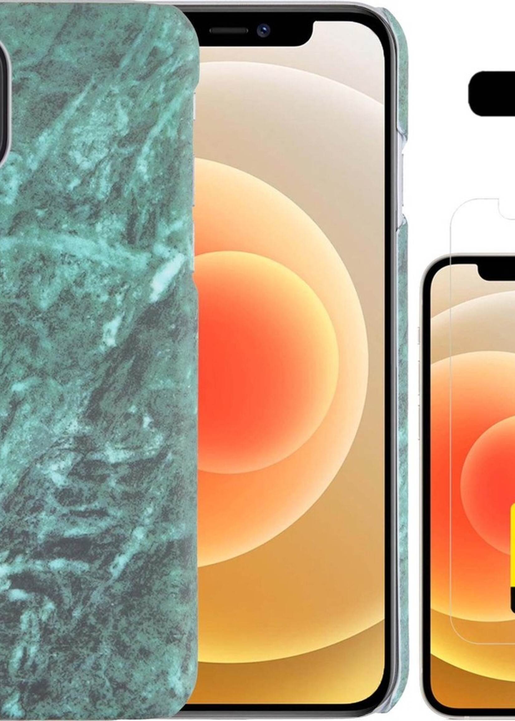 LUQ Hoesje Geschikt voor iPhone 12 Hoesje Marmer Case Hard Cover Met 2x Screenprotector - Hoes Geschikt voor iPhone 12 Case Marmer Hoesje Backcover - Groen