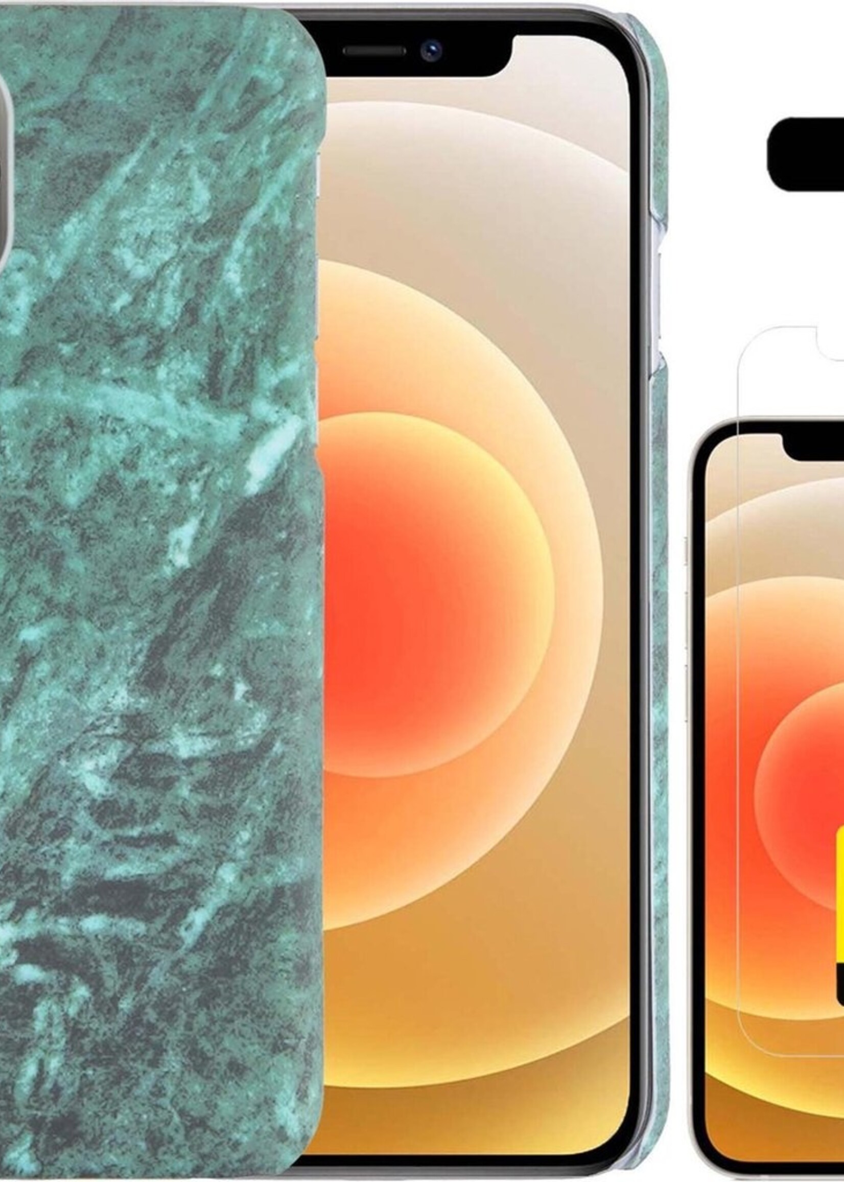 LUQ Hoesje Geschikt voor iPhone 12 Pro Hoesje Marmer Case Hard Cover Met 2x Screenprotector - Hoes Geschikt voor iPhone 12 Pro Case Marmer Hoesje Backcover - Groen