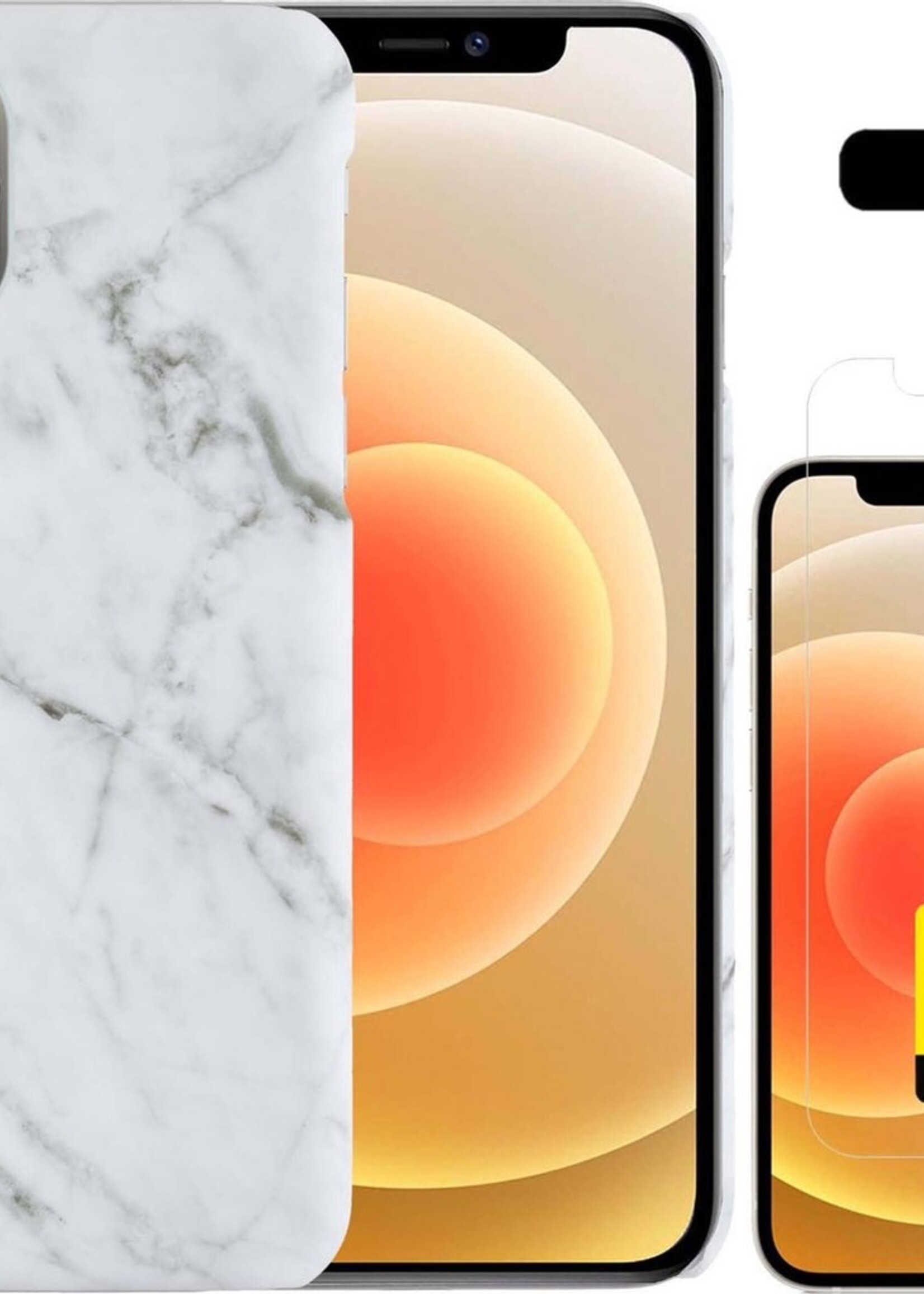 LUQ Hoesje Geschikt voor iPhone 12 Pro Max Hoesje Marmer Case Hard Cover Met 2x Screenprotector - Hoes Geschikt voor iPhone 12 Pro Max Case Marmer Hoesje Backcover - Wit