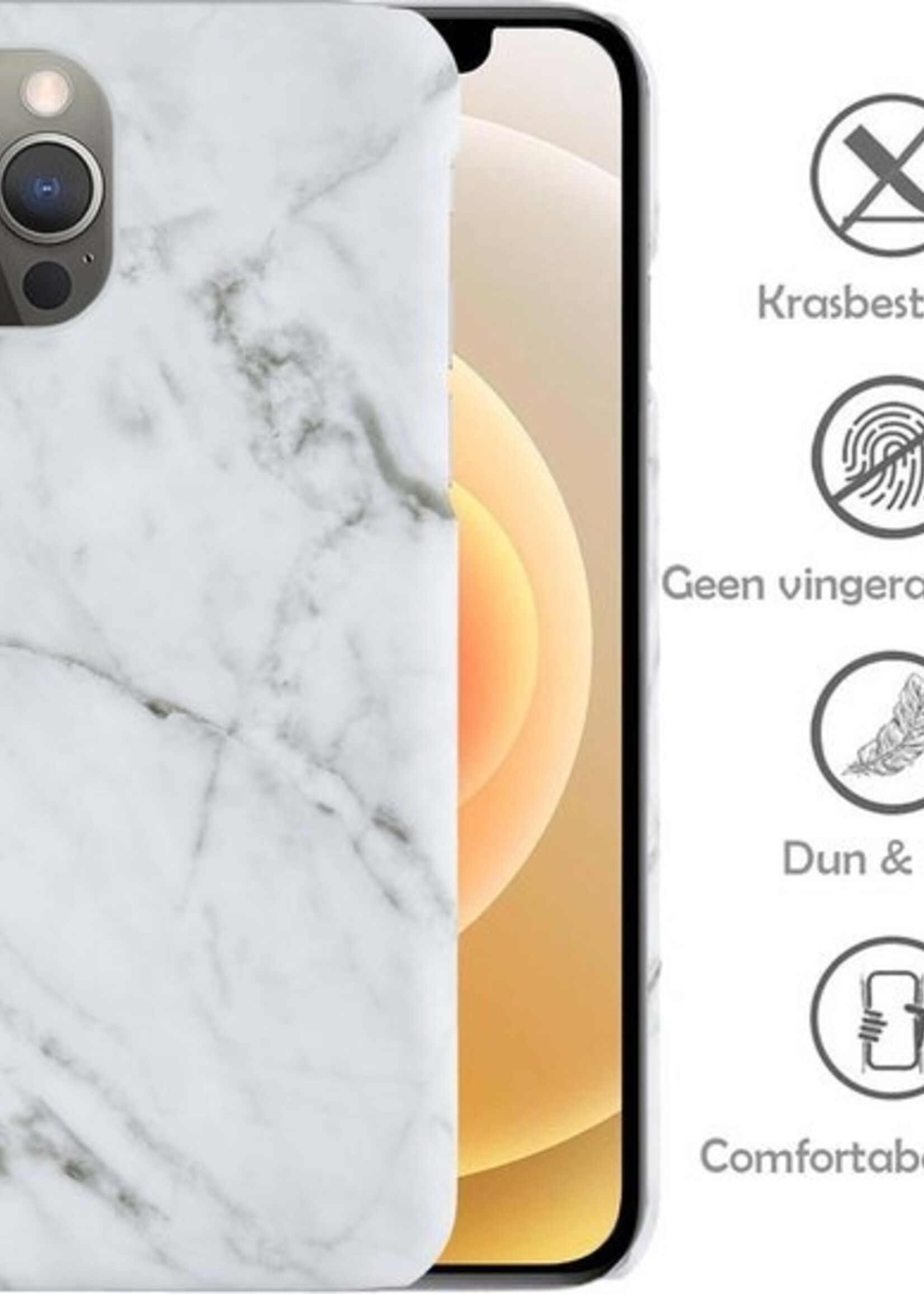 LUQ Hoesje Geschikt voor iPhone 12 Pro Max Hoesje Marmer Case Hard Cover Met 2x Screenprotector - Hoes Geschikt voor iPhone 12 Pro Max Case Marmer Hoesje Backcover - Wit